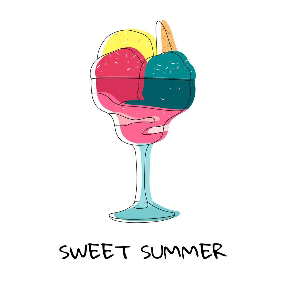 Doodle hand drawn ice cream in a glass bowl. Colorful dessert with cone. Vector for fabric, posters, cards