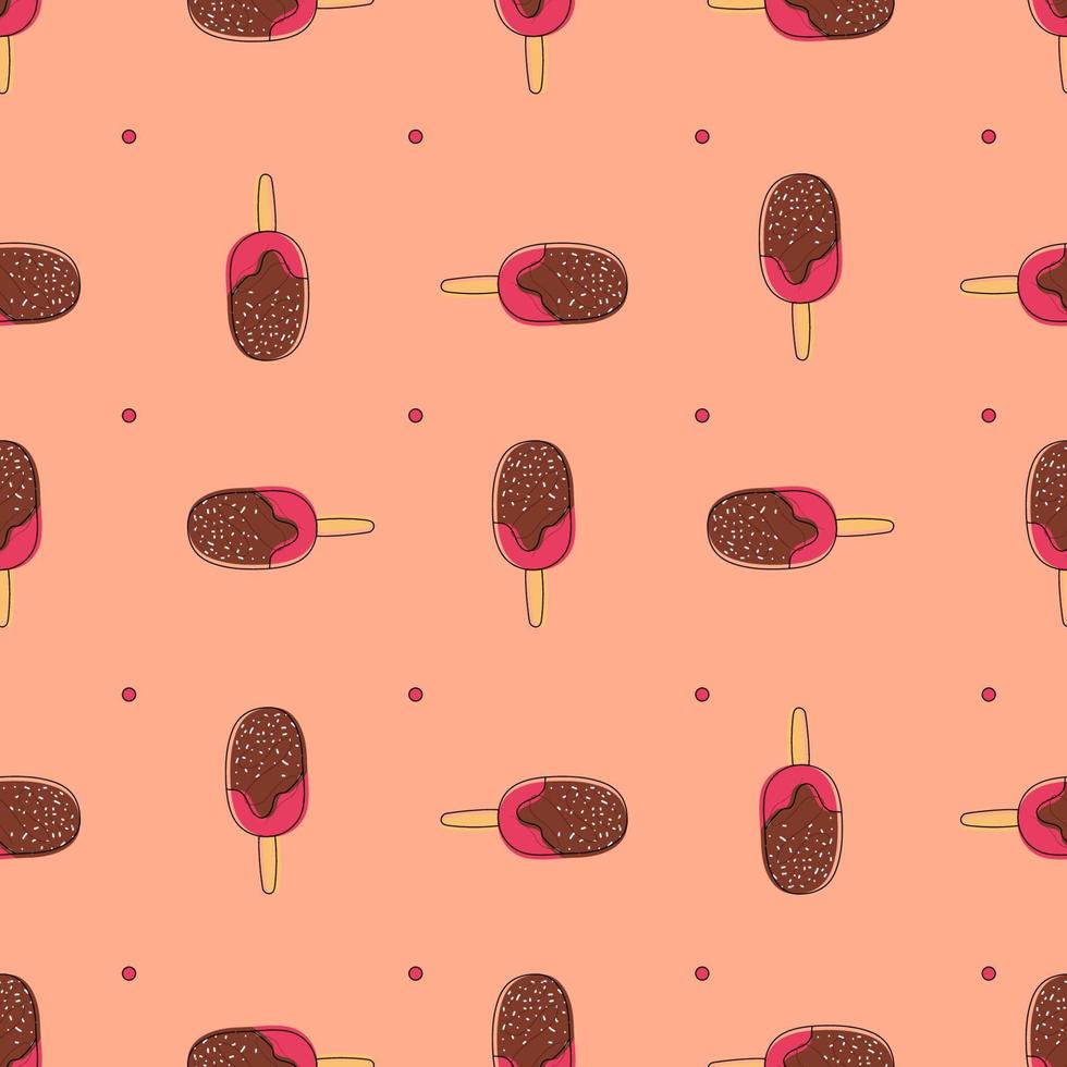 Cute seamless pattern with hand drawn doodle ice cream with chocolate nad crumbs on orange background for fabric, posters, wallpaper. Vector
