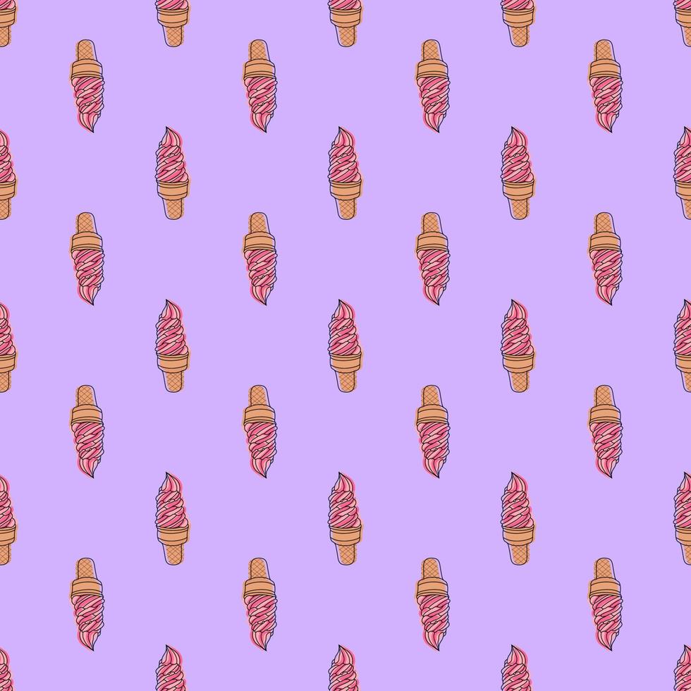 Cute seamless pattern with hand drawn doodle ice cream in a pink cone with crumbs on purple background for fabric, posters, wallpaper. Vector