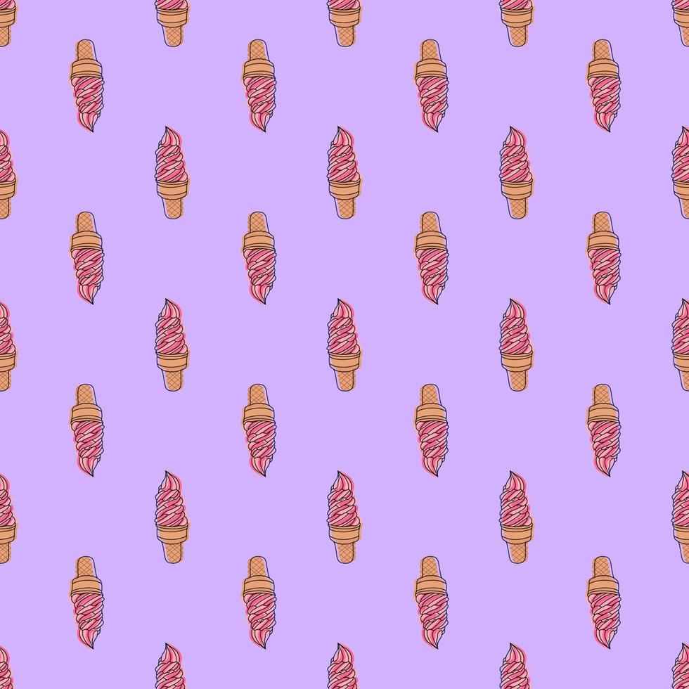 Cute seamless pattern with hand drawn doodle ice cream in a pink cone with crumbs on purple background for fabric, posters, wallpaper. Vector