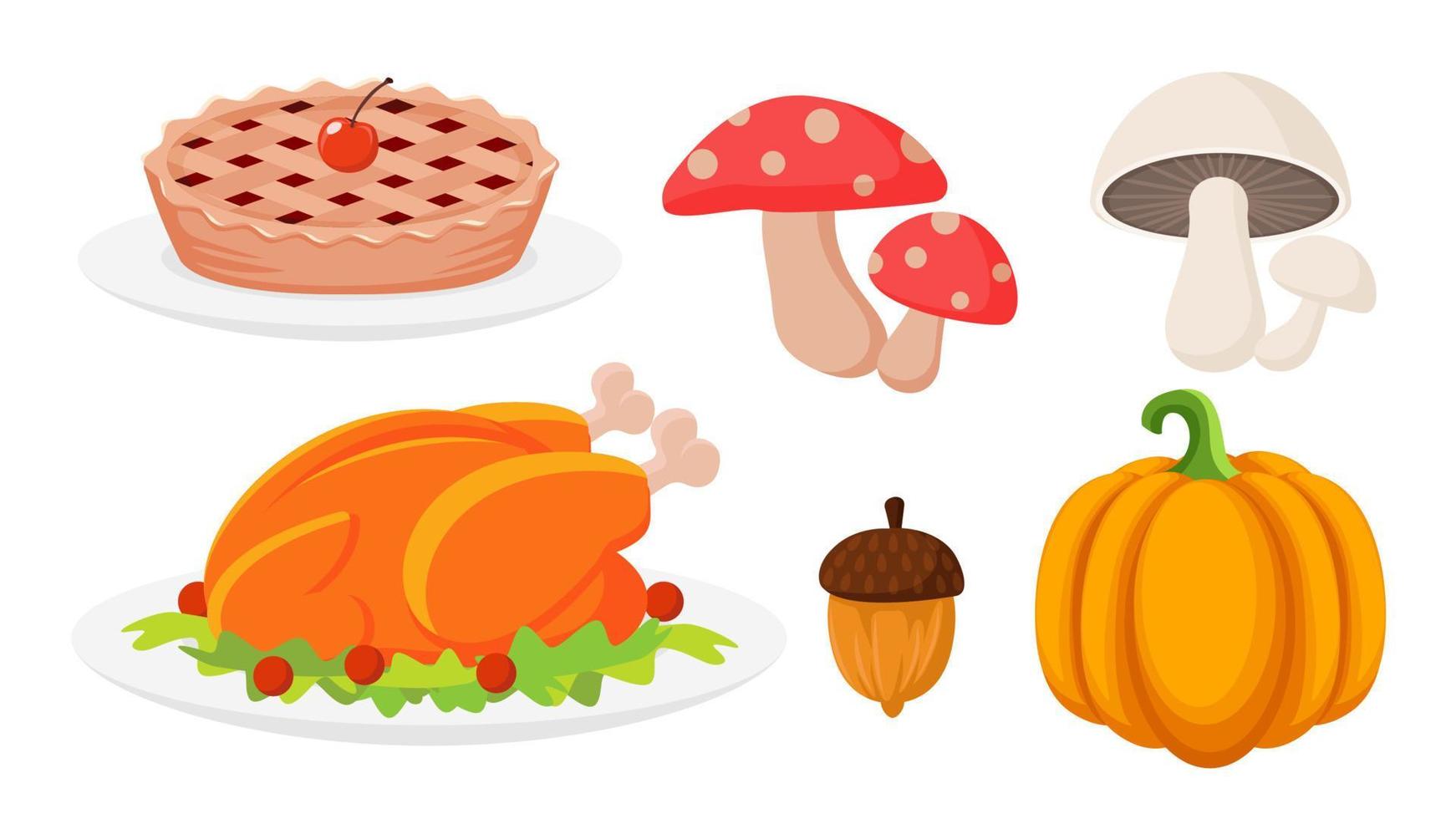 Collection set of food object for Autumn pumpkin roast turkey mushroom chestnut cherry pie vector