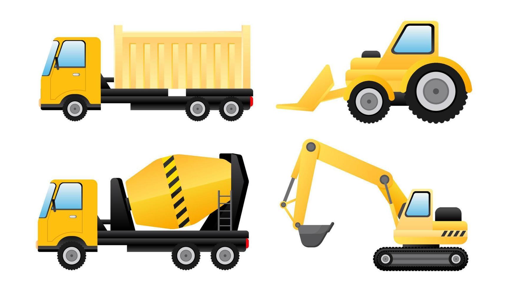 Collection set of industrial construction transportation cement mixer truck excavator vector