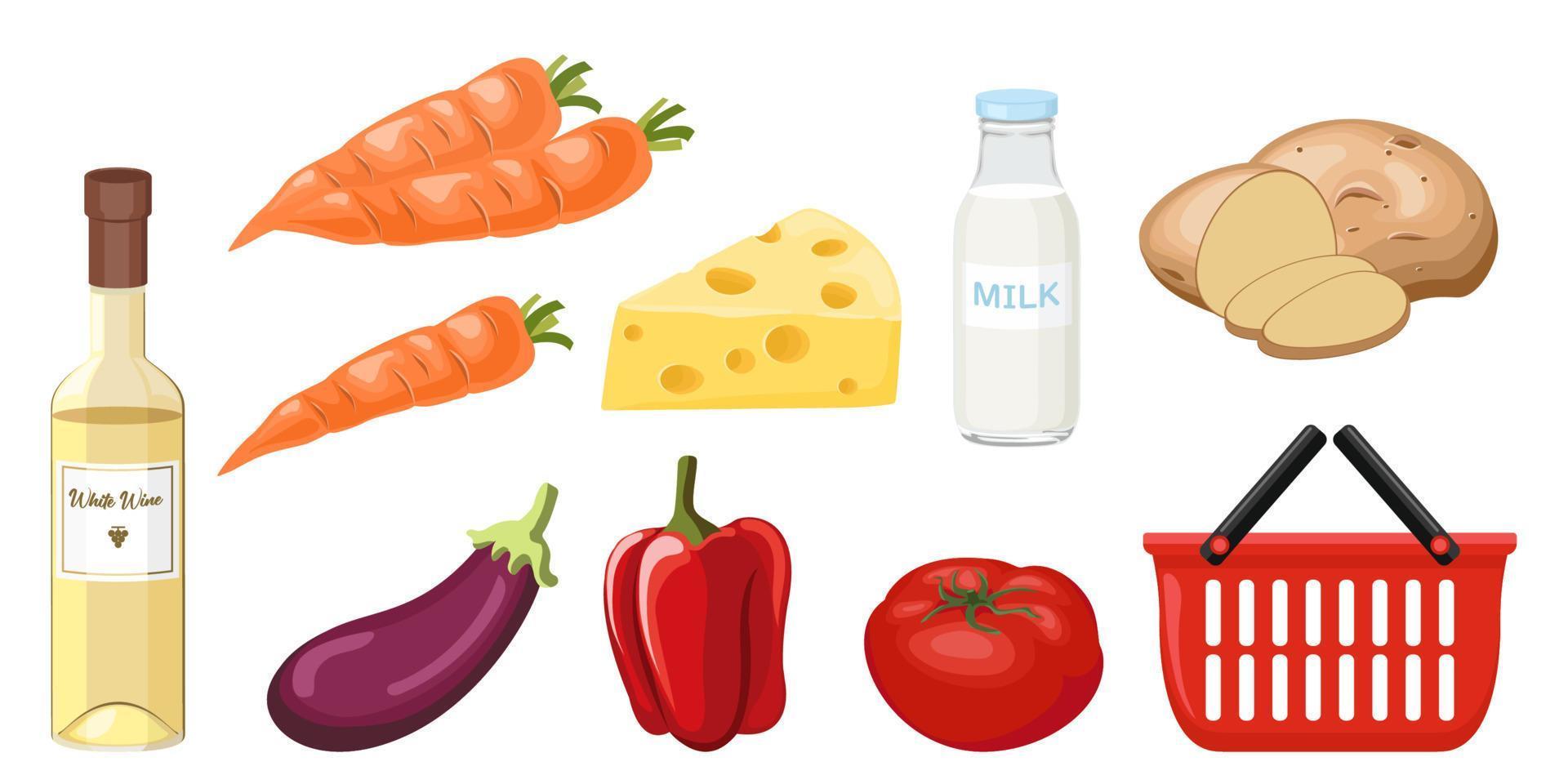Collection set of food objects vegetable carrot tomato potato eggplant white wine milk cheese vector