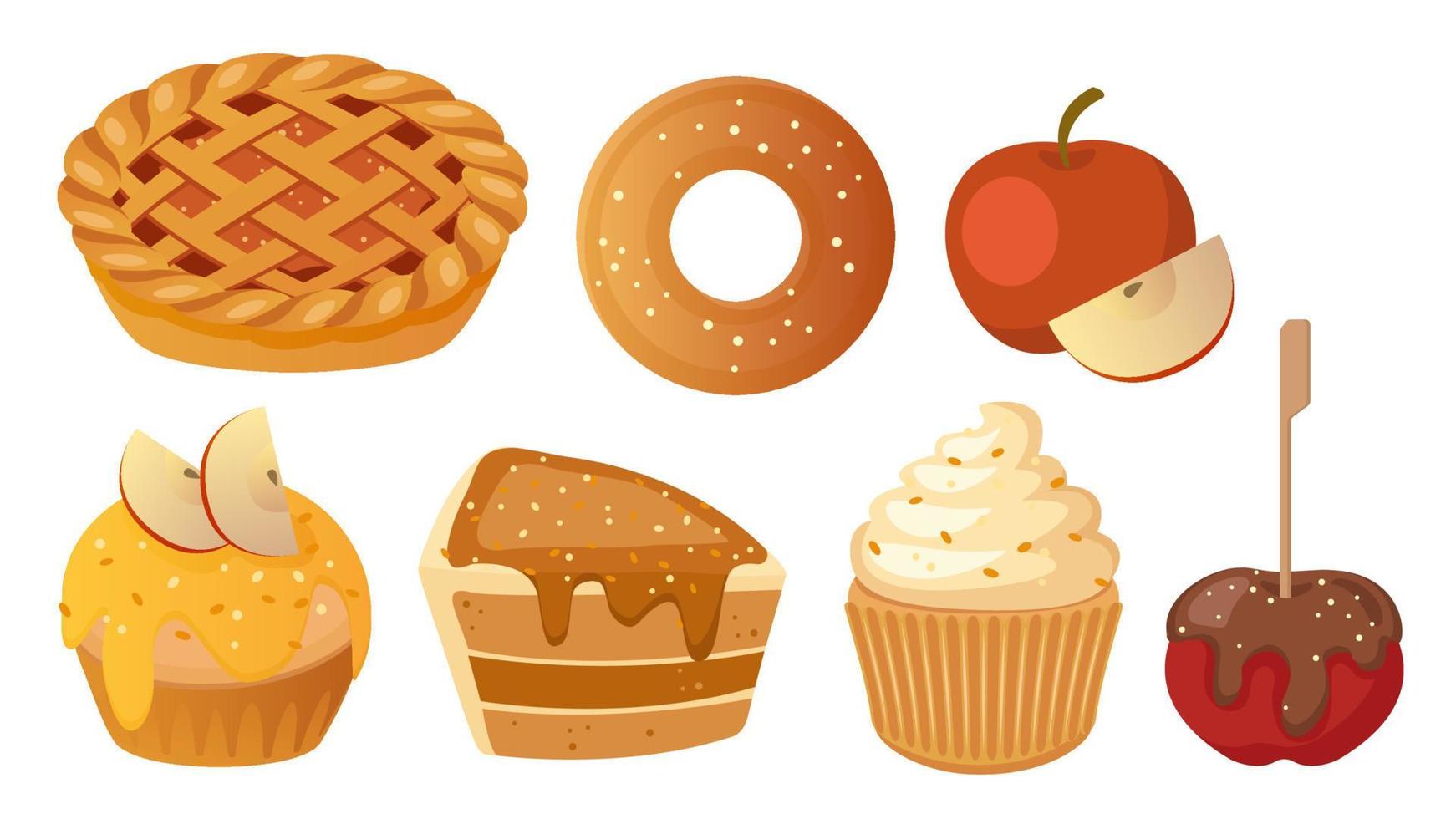 Collection set of food dessert obejct pie bagel cheese cake muffin chocolate covered apple vector