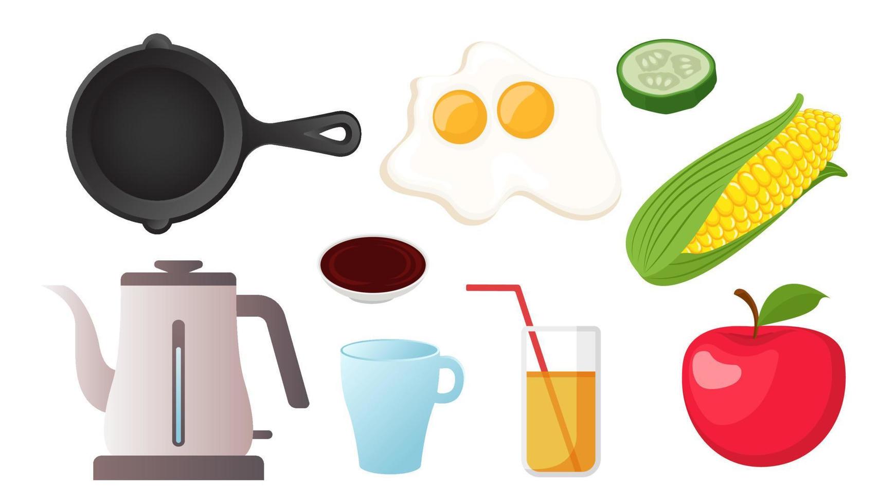 Collection set of breakfast food objcet fried egg apple juice corn cucumber vector