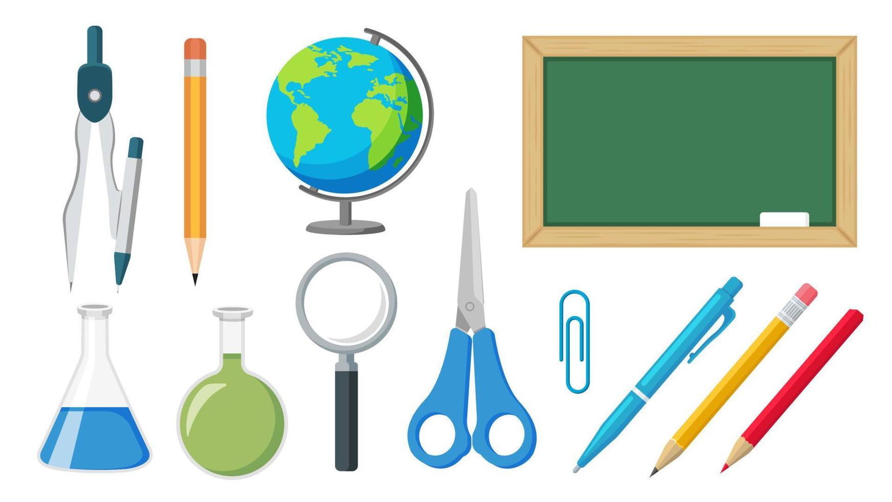 Collection set of school study object blackboard pen pencil scissors globe magnifier flask vector