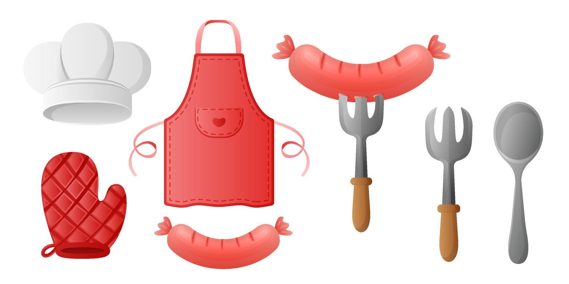 conjunto de colección de dibujos animados lindo utensilios de cocina delantal sombrero de chef horno guante tenedor cuchara vector