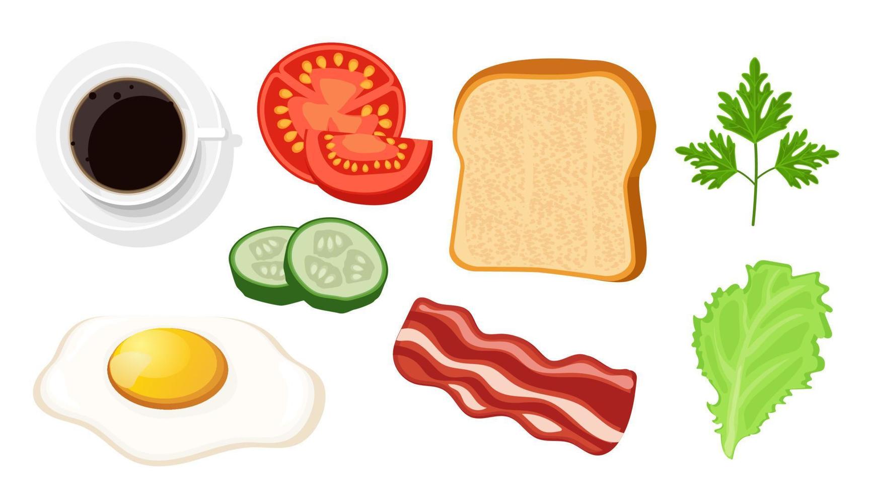 Collection set of breakfast object coffee fried egg bacon tomato cucumber vegetable toast vector