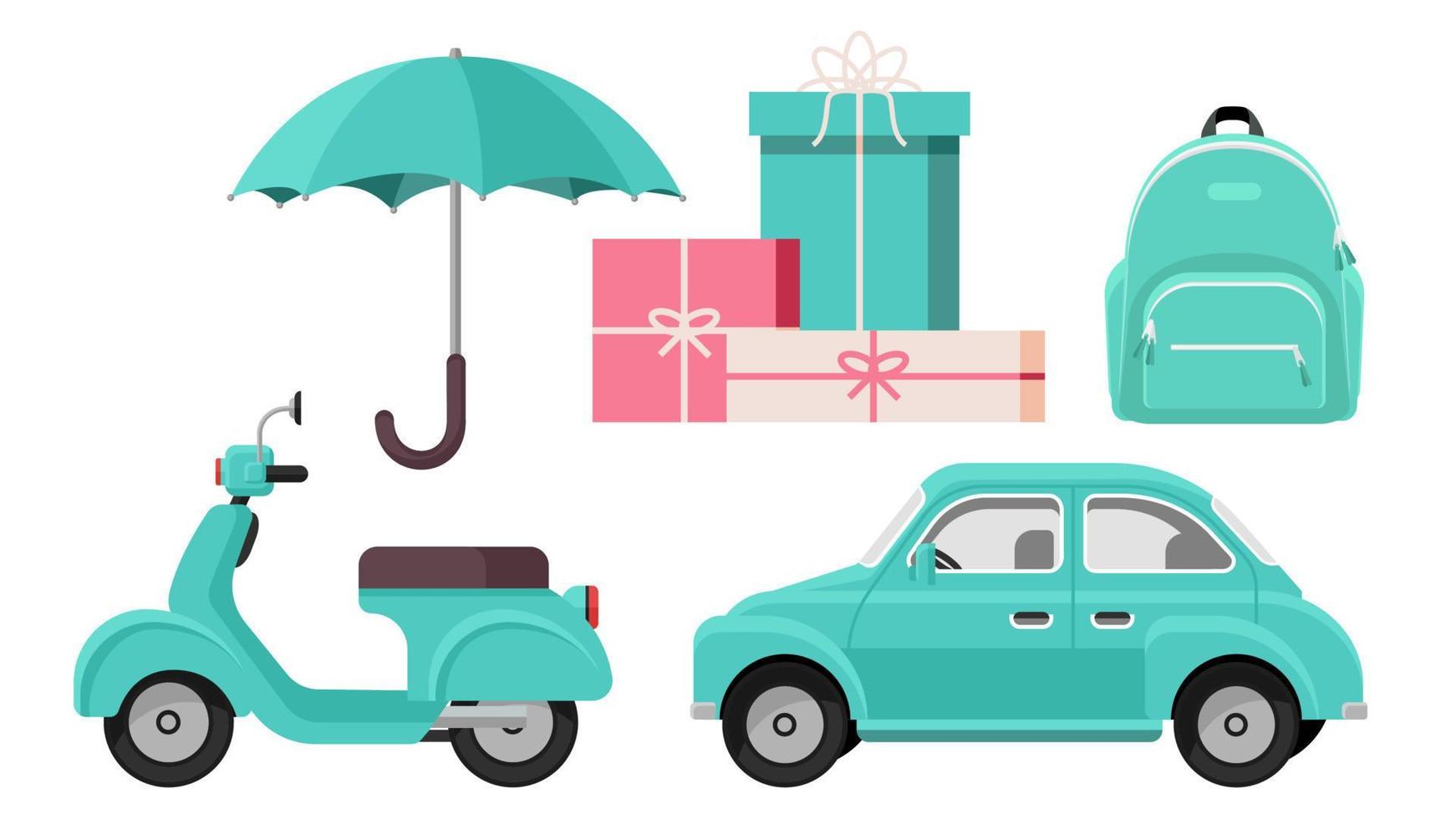 Collection set of elegant cute blue object car scooter umbrella backpack gift boxes vector
