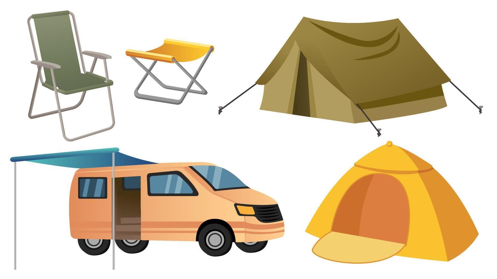 Collection set of camping object tent folding chair SUV car vector