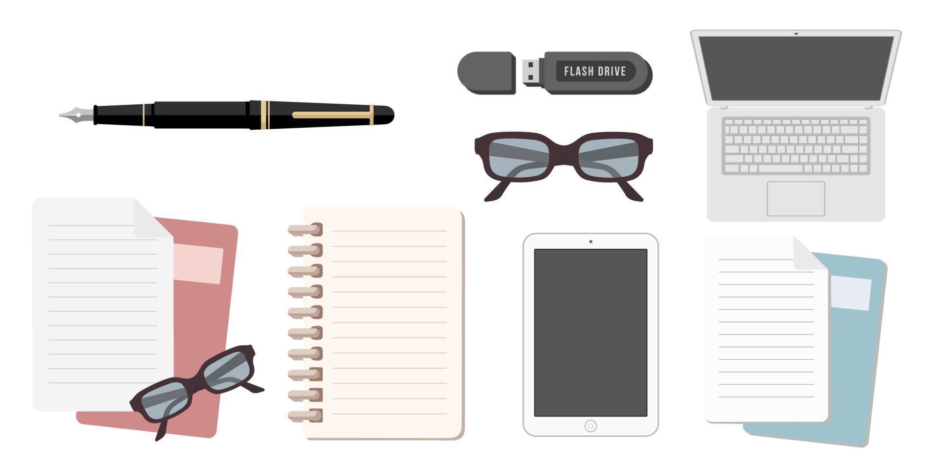 conjunto de colección de gafas obejct de oficina cuaderno papel documento tableta pluma estilográfica unidad flash vector