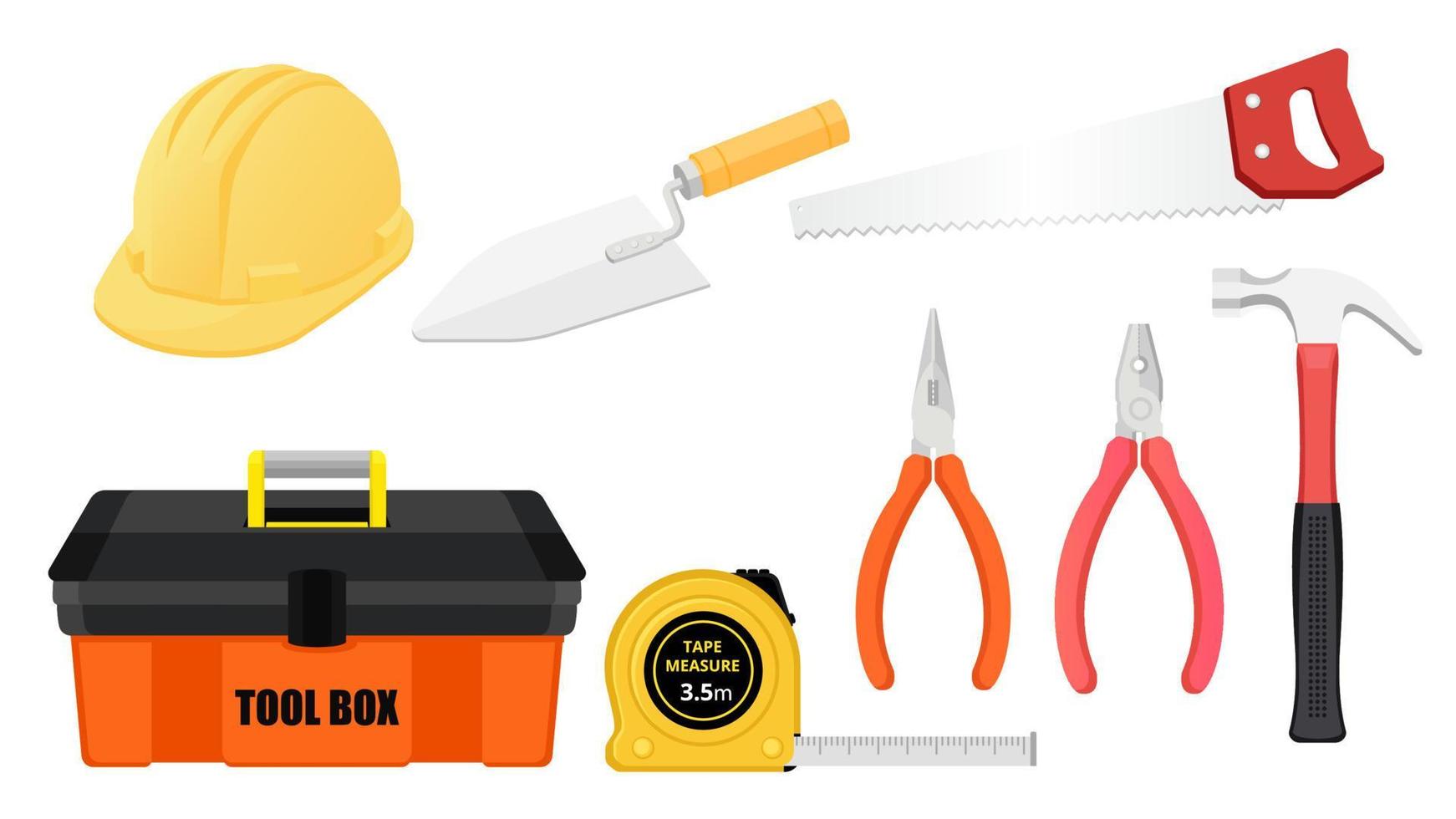 Collection set of toolbox object saw hammer tape ruler needle nose pliers shovel hard hat vector