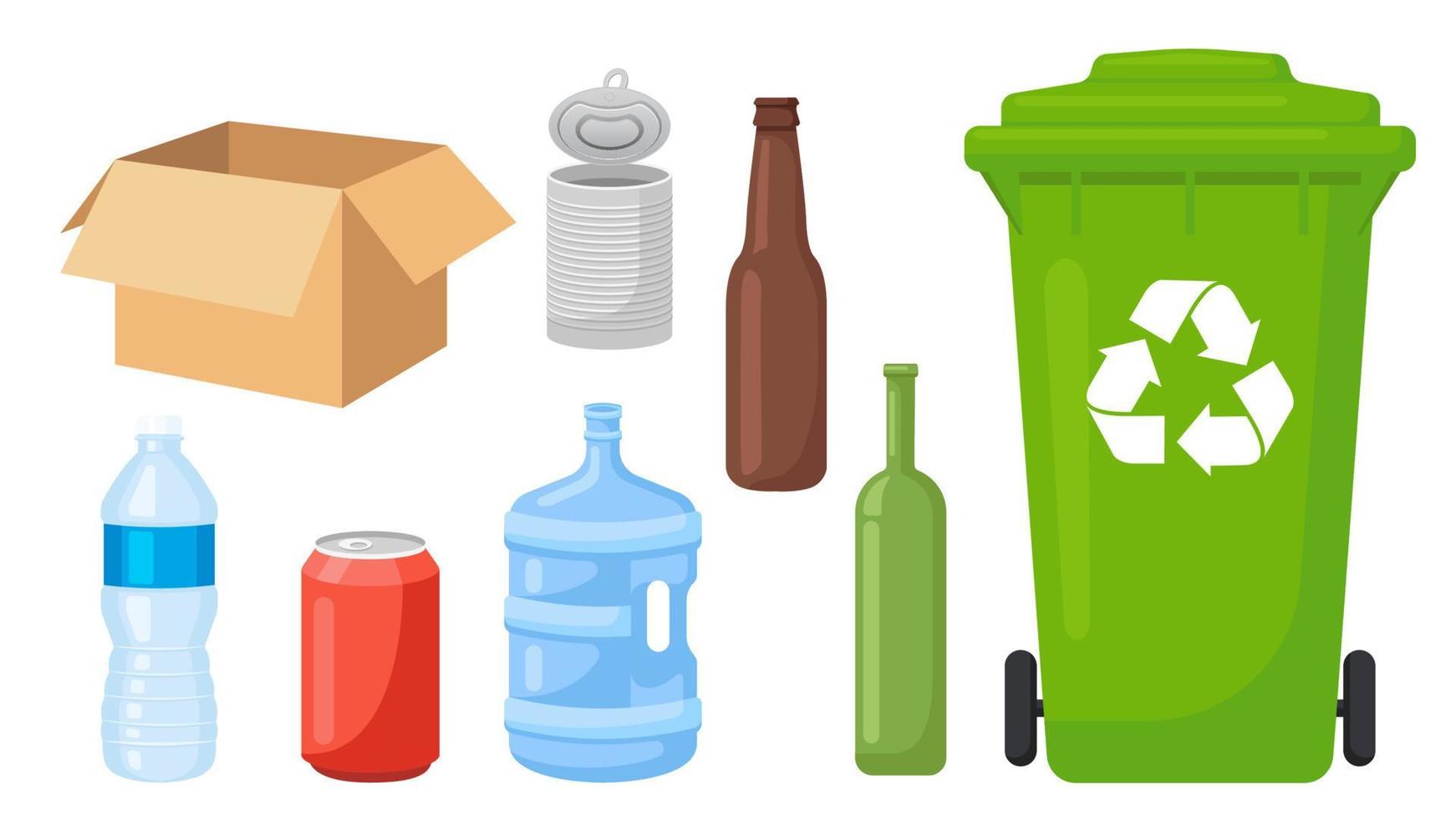 conjunto de recolección de basura reciclada objeto cubo de basura botella de plástico caja de papel lata botella de vidrio vector