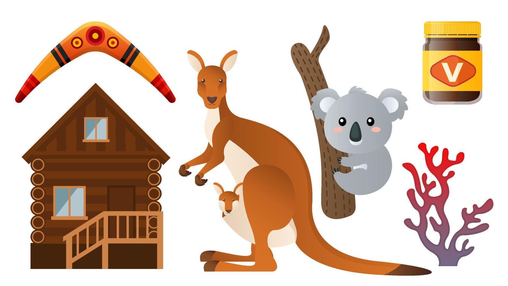 conjunto de colección de artículos australianos canguro koala casa de madera coral vegemite patrón aborigen boomerang vector