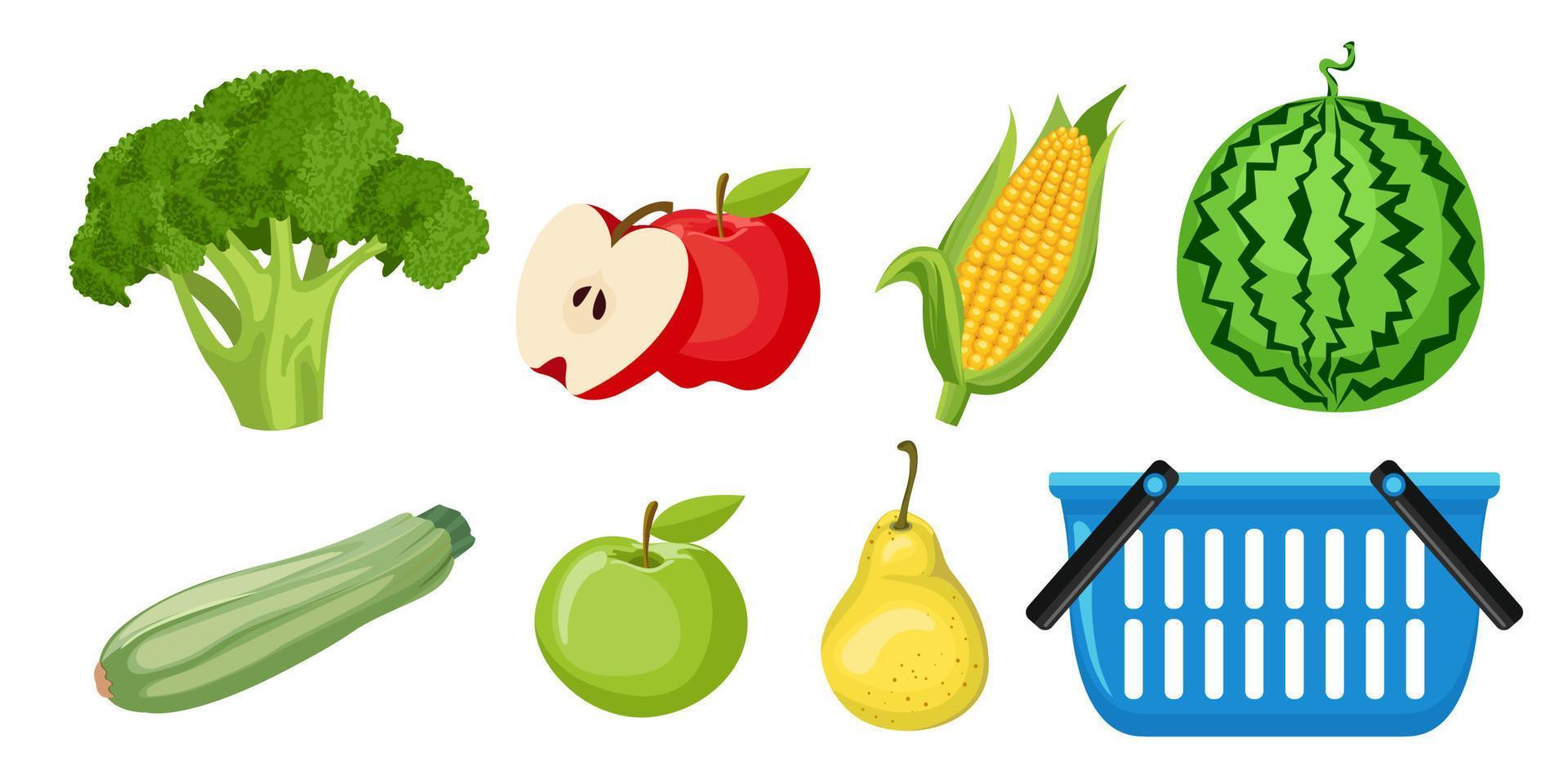 Collection set of food objects vegetable fruit apple water melon pear corn cauliflower zucchini vector