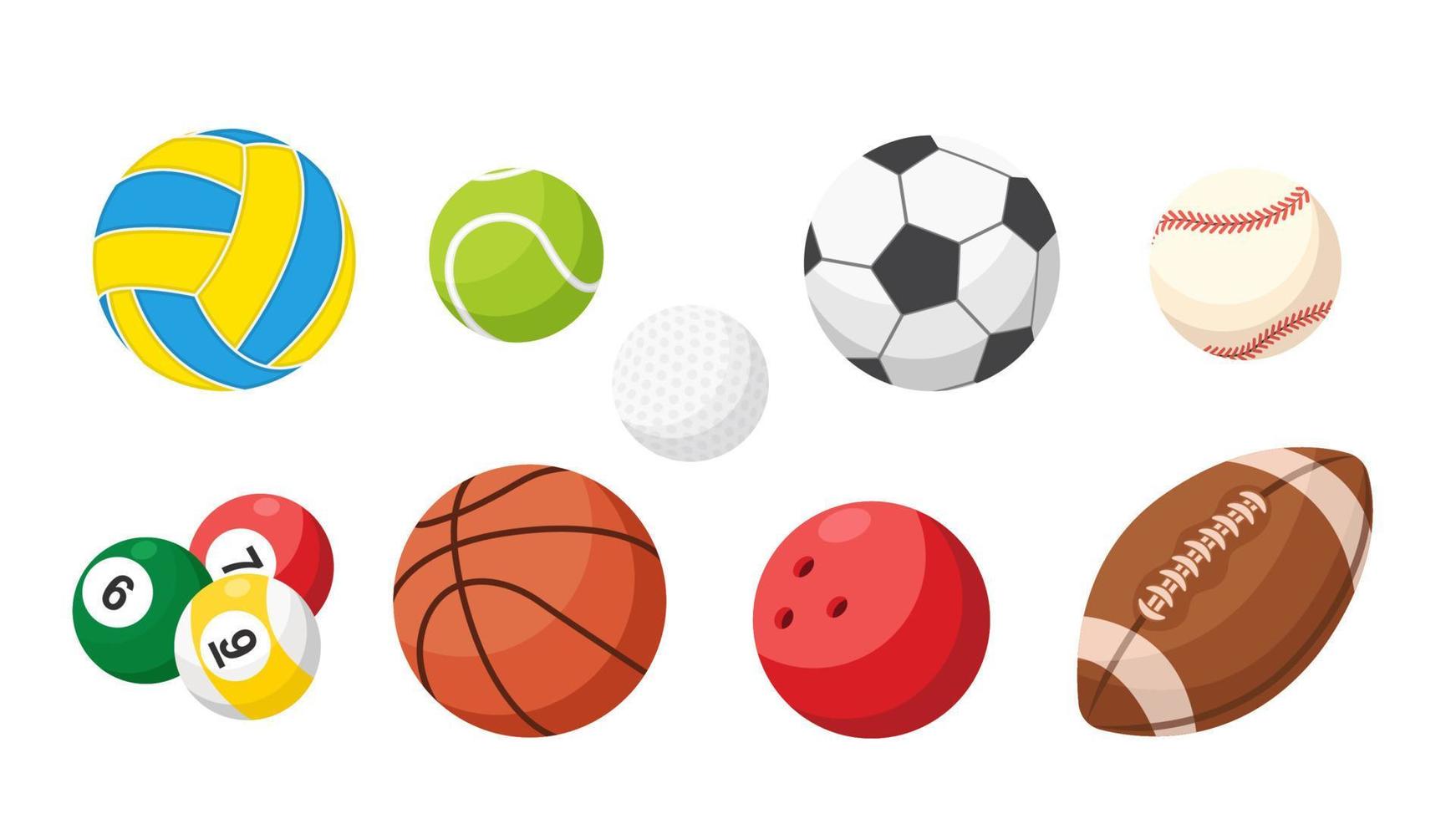 Juego de colección de pelota deportiva, fútbol, baloncesto, bolos, voleibol, billar, tenis, golf, fútbol. vector