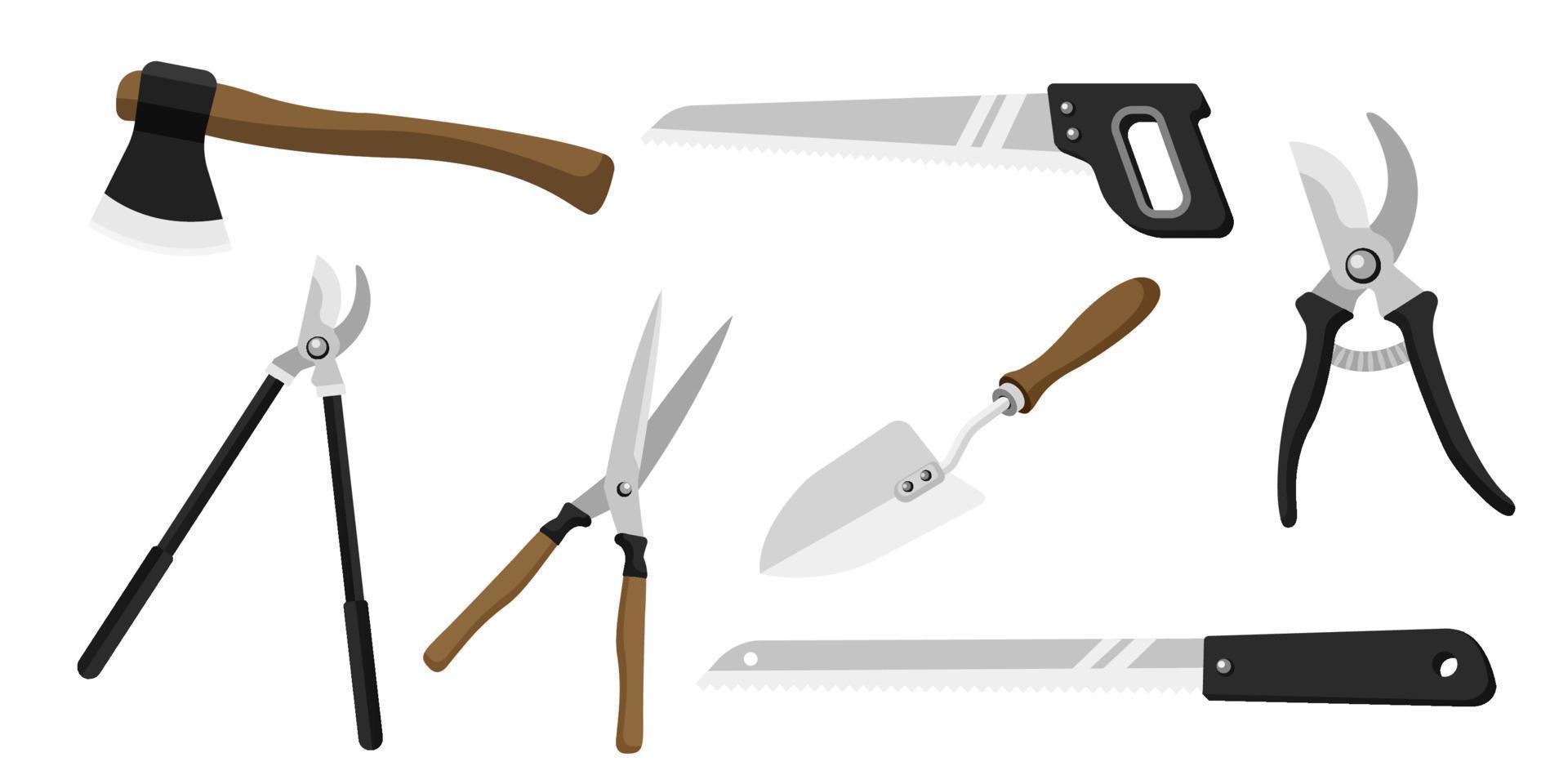 Collection set of garden tool saw scissors shovel ax vector