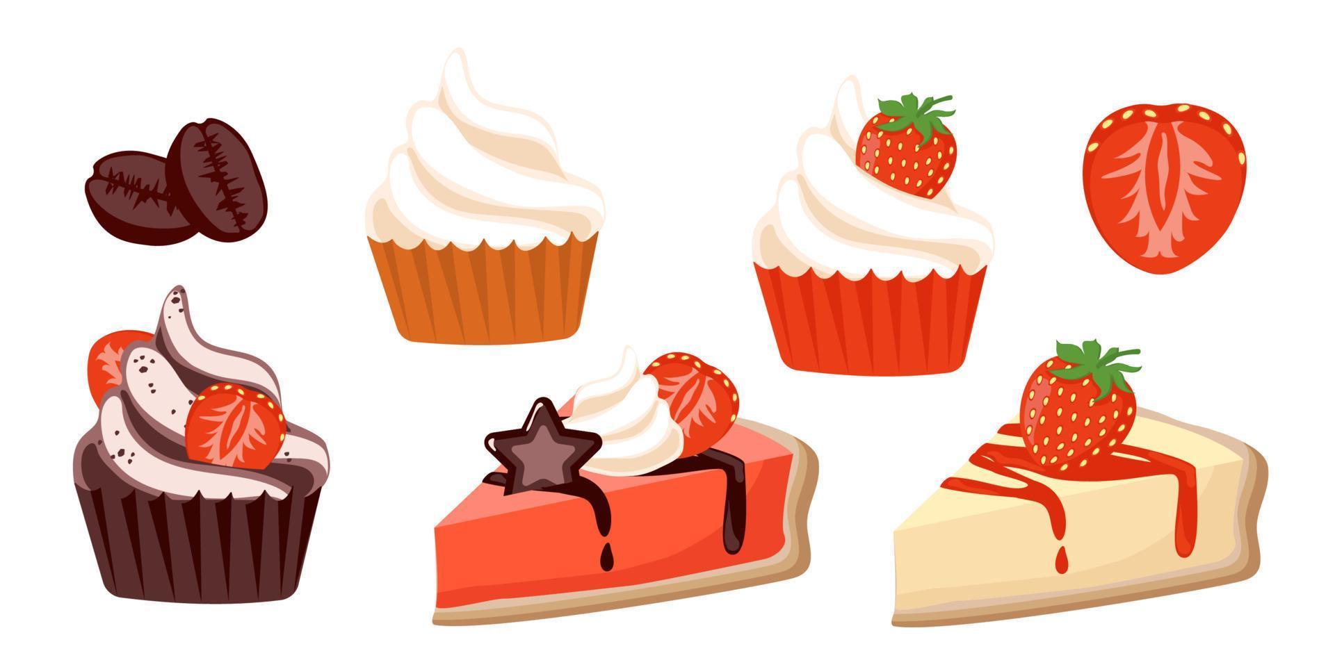 Collection set of dessert object cheese cake straberry muffin coffee bean vector