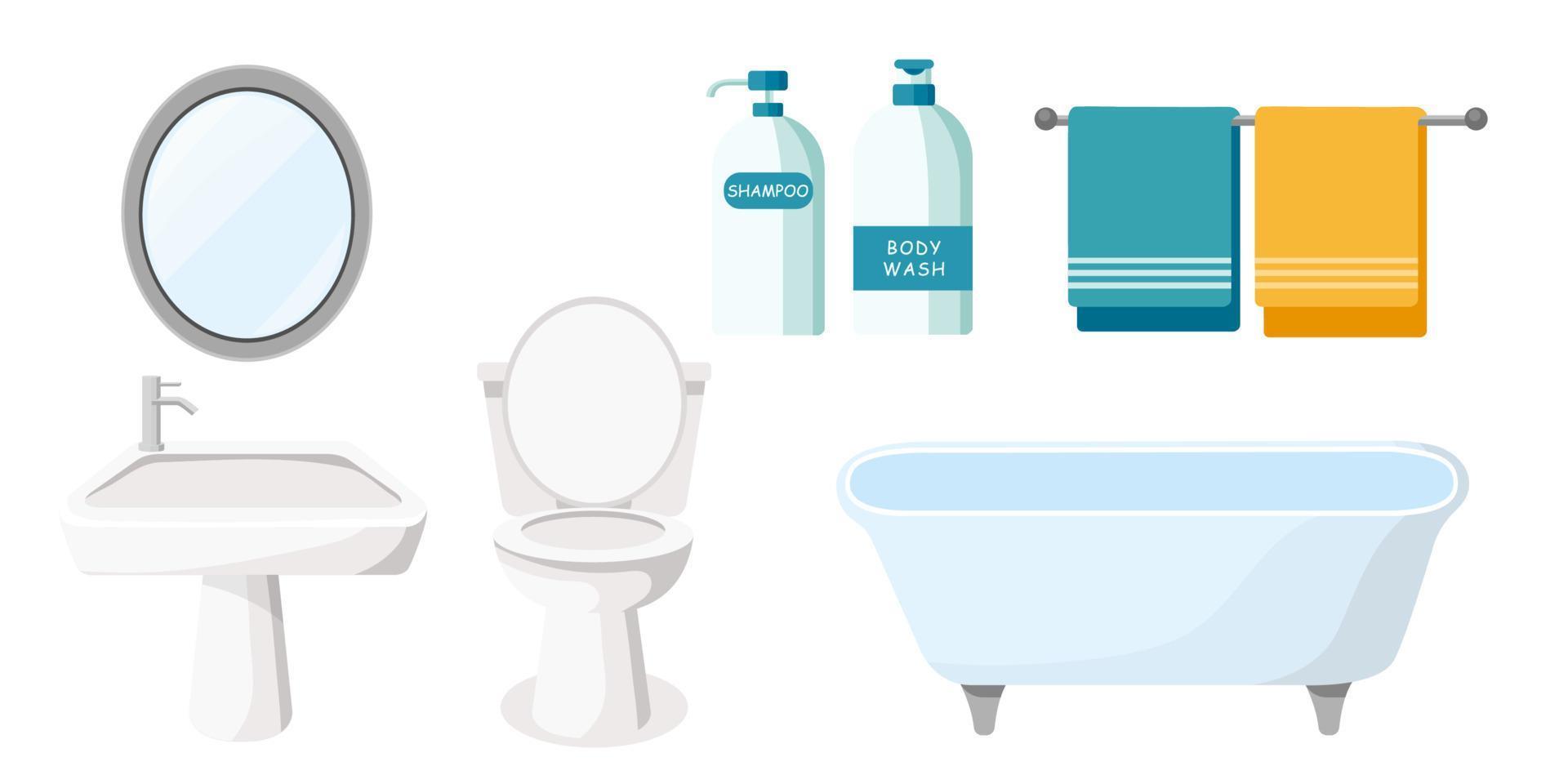 Collection set of bathroom objects bathtub toilet washstand mirror towels vector