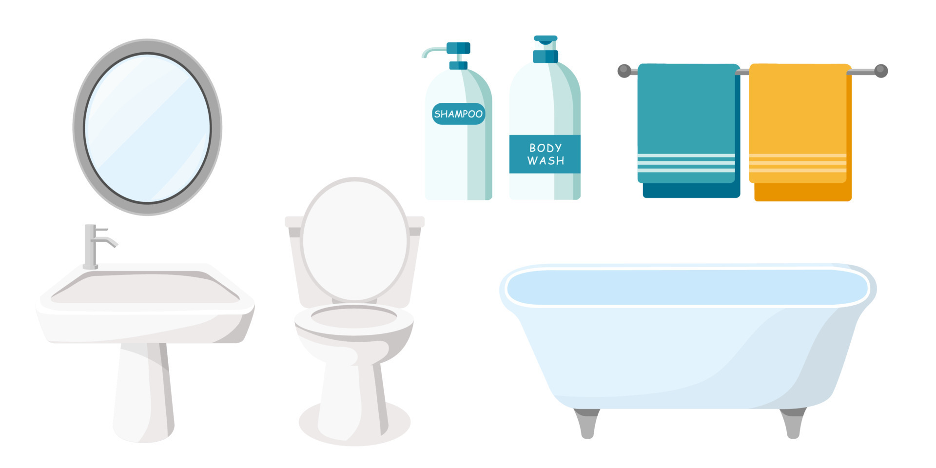 Collection set of bathroom objects bathtub toilet washstand mirror towels 11221330 Vector Art at