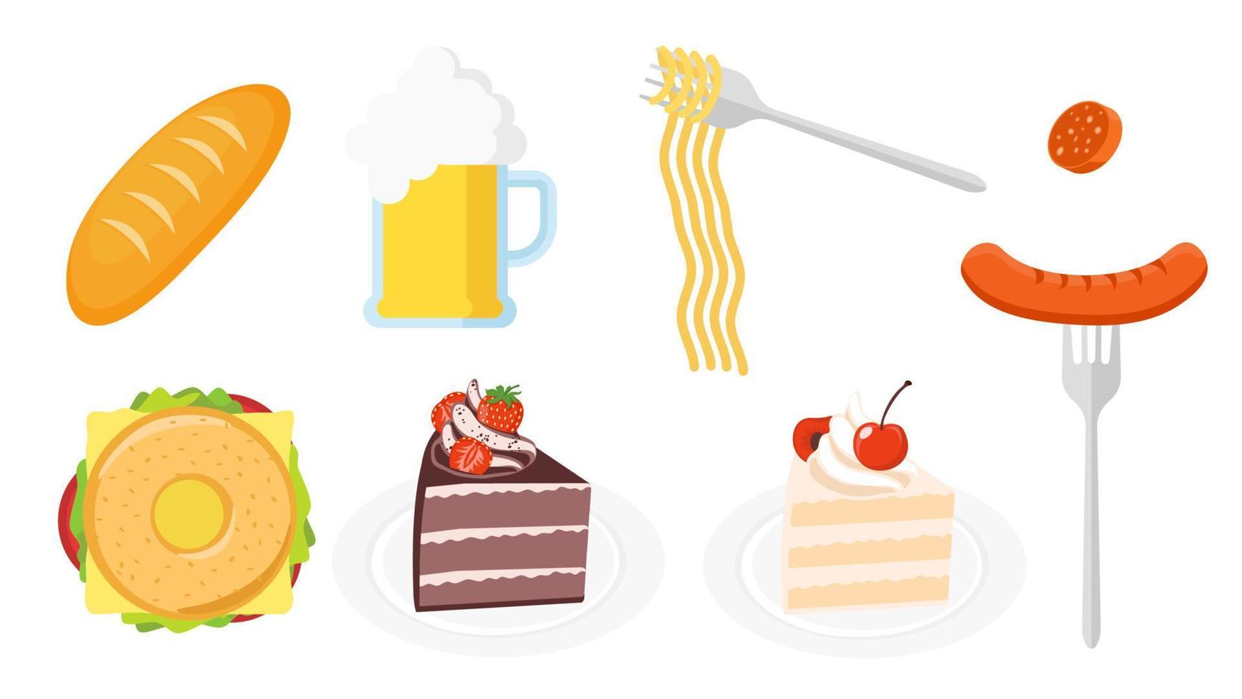 Collection set of food object bread bagel cake beer noodle sausage vector