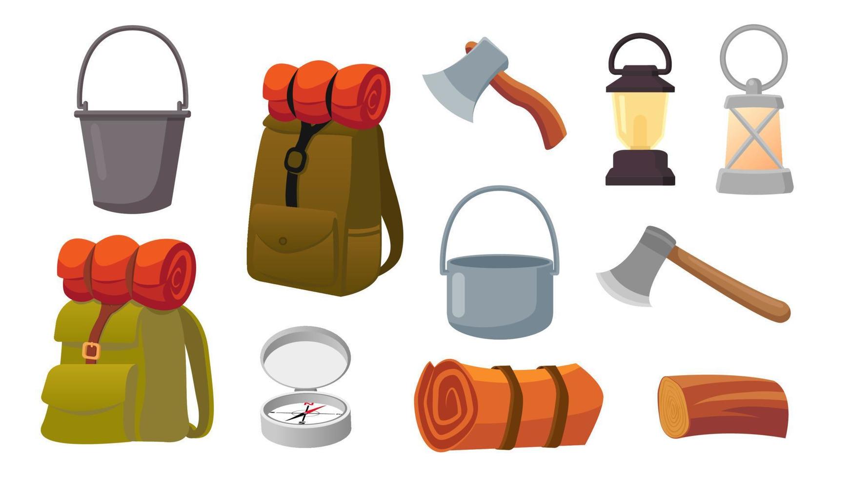 conjunto de colección de herramientas de camping mochila hacha brújula saco de dormir lámpara de mano olla de cocina vector