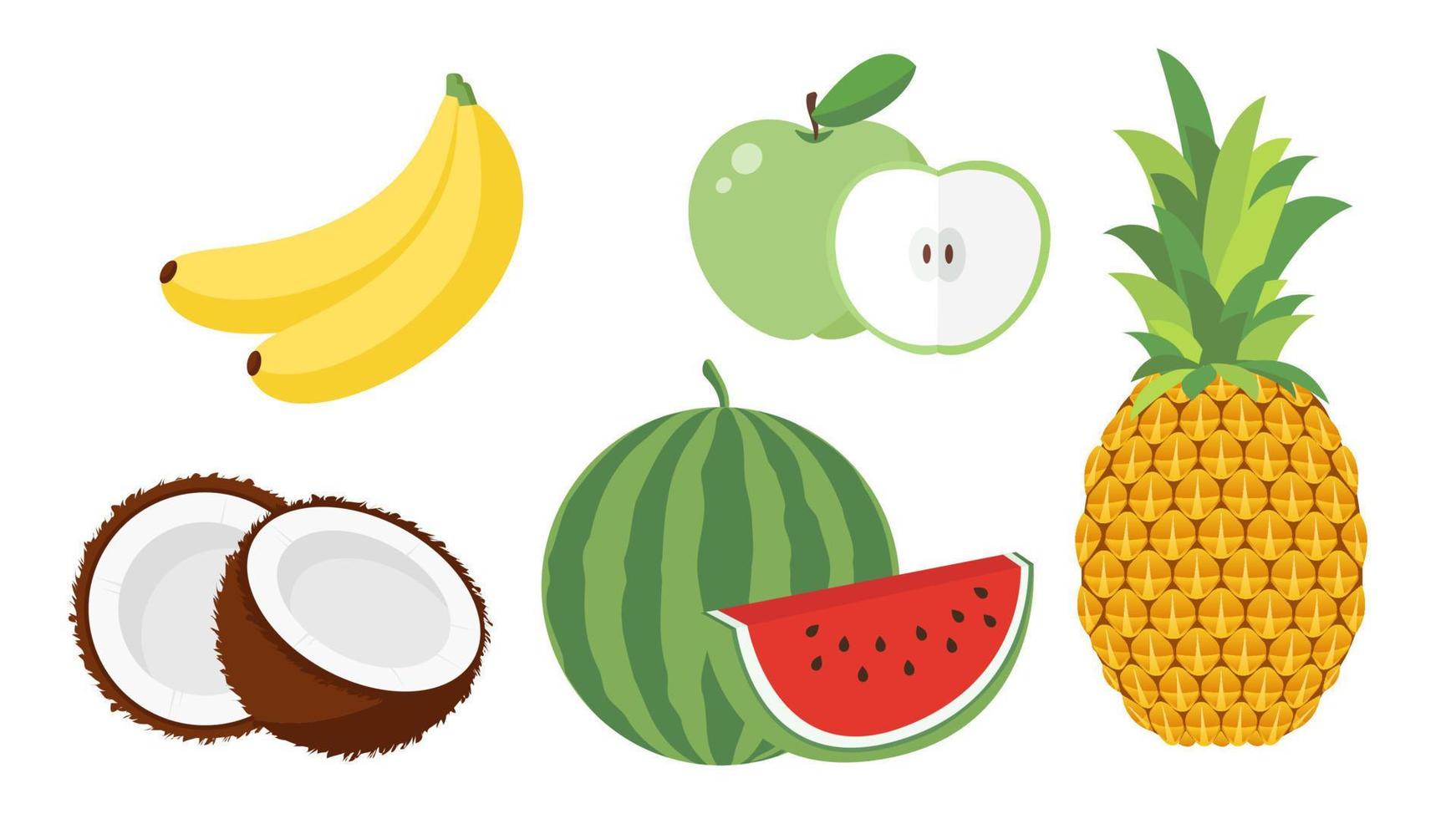 conjunto de colección de objeto de fruta plátano manzana piña sandía coco vector