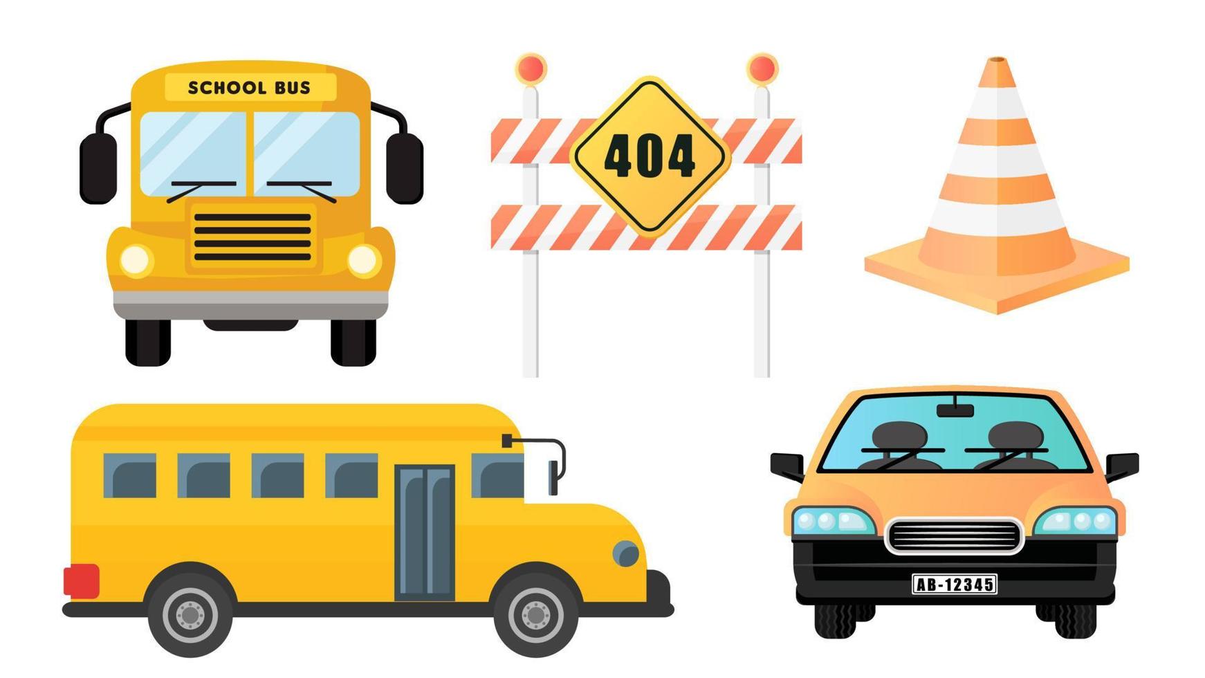 Collection set of transportation object school bus car roadblock trafic cone vector