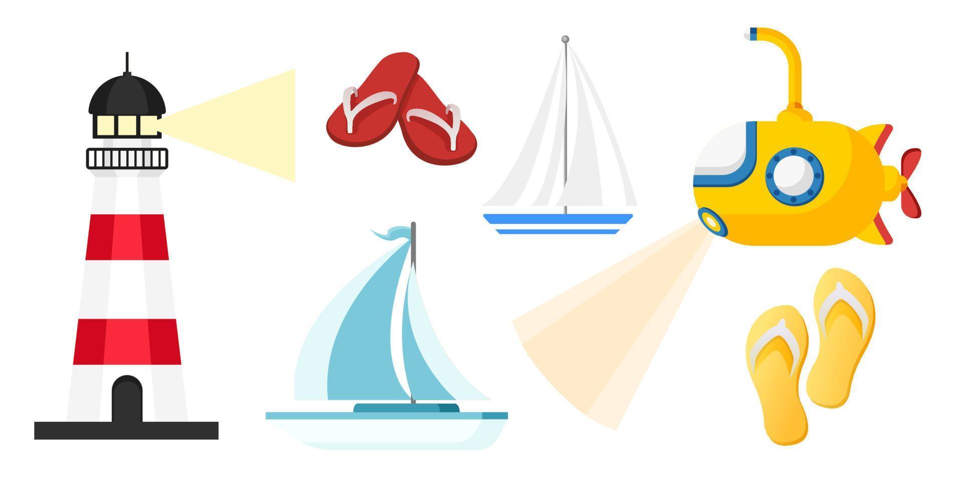 Collection set of cute cartoon object submarine sailboat flip flops lighthouse vector