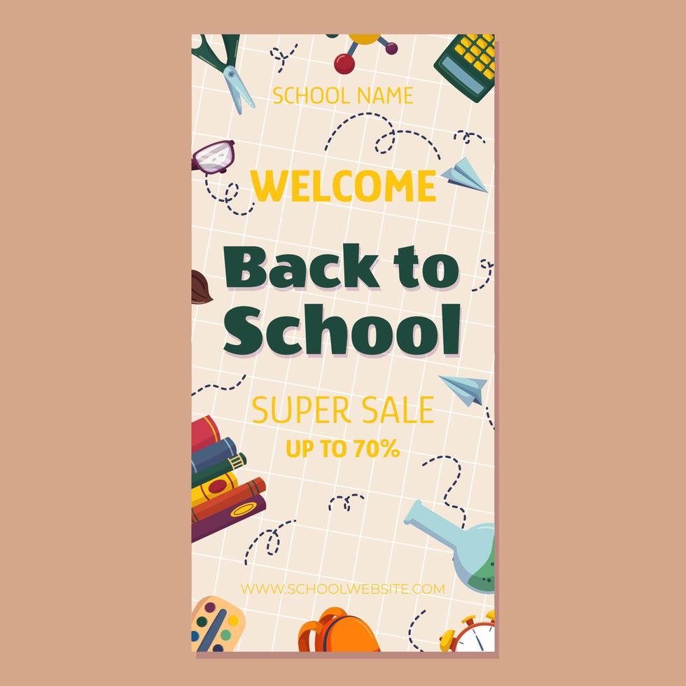 Colorful back to school sale offer vertical banner template with different studying supplies - books stack, paint palette, bag alarm glasses paper airplane. Vector illustration design with copy space