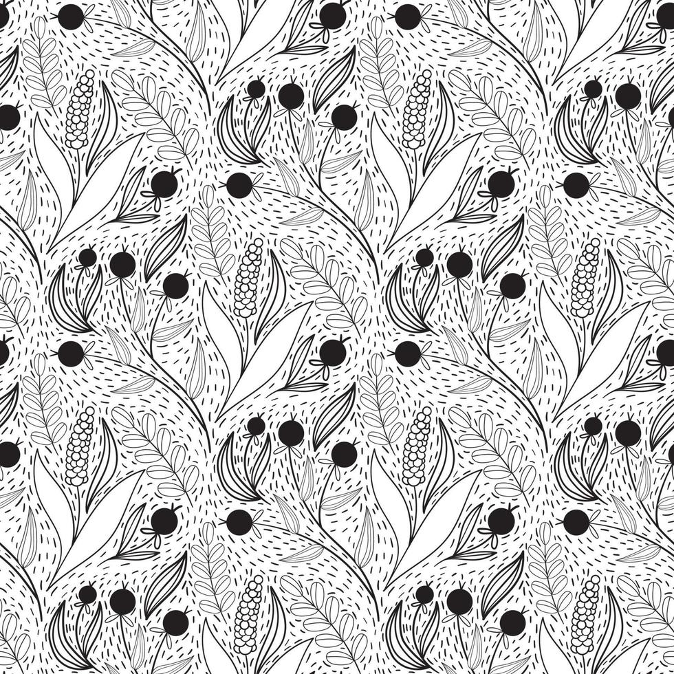 Floral seamless pattern in black and white line style with damask tile motif. Doodle flowers textile print. Vintage nature graphic. Berries branches and lavander flower vector