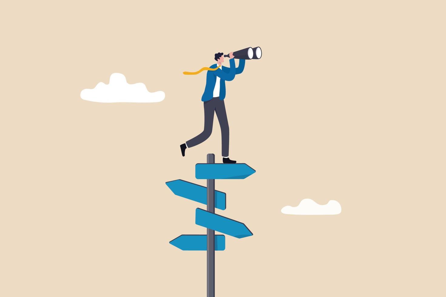 Search for right direction, business opportunity or success way, make decision or career path, vision to see future concept, smart businessman look through spyglass or binoculars to discover solution. vector