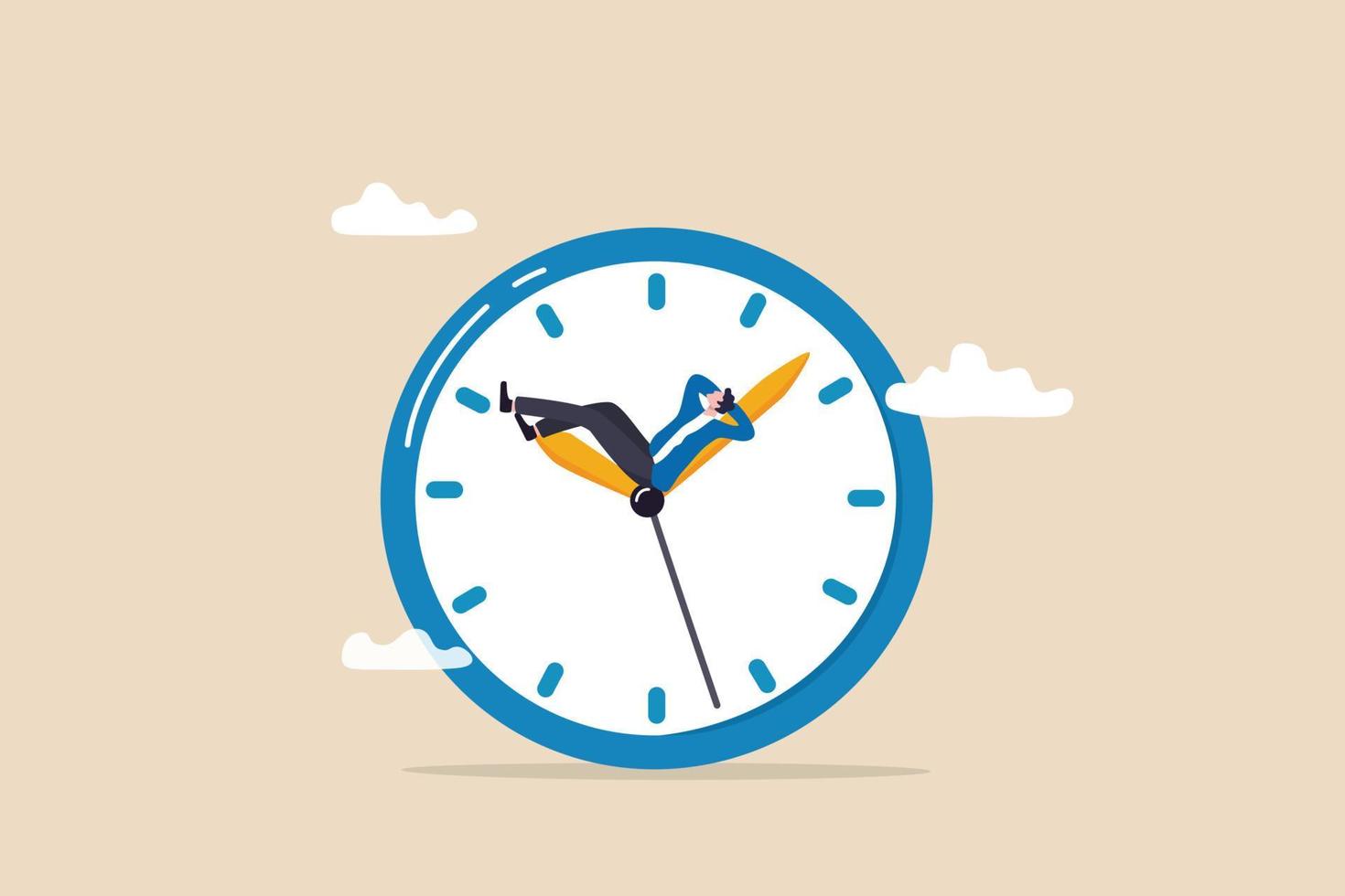 Wasted time, procrastination or slow life, lazy to work, low productivity or efficiency, self discipline problem, tired or no motivation concept, lazy businessman sleeping on the time running clock. vector