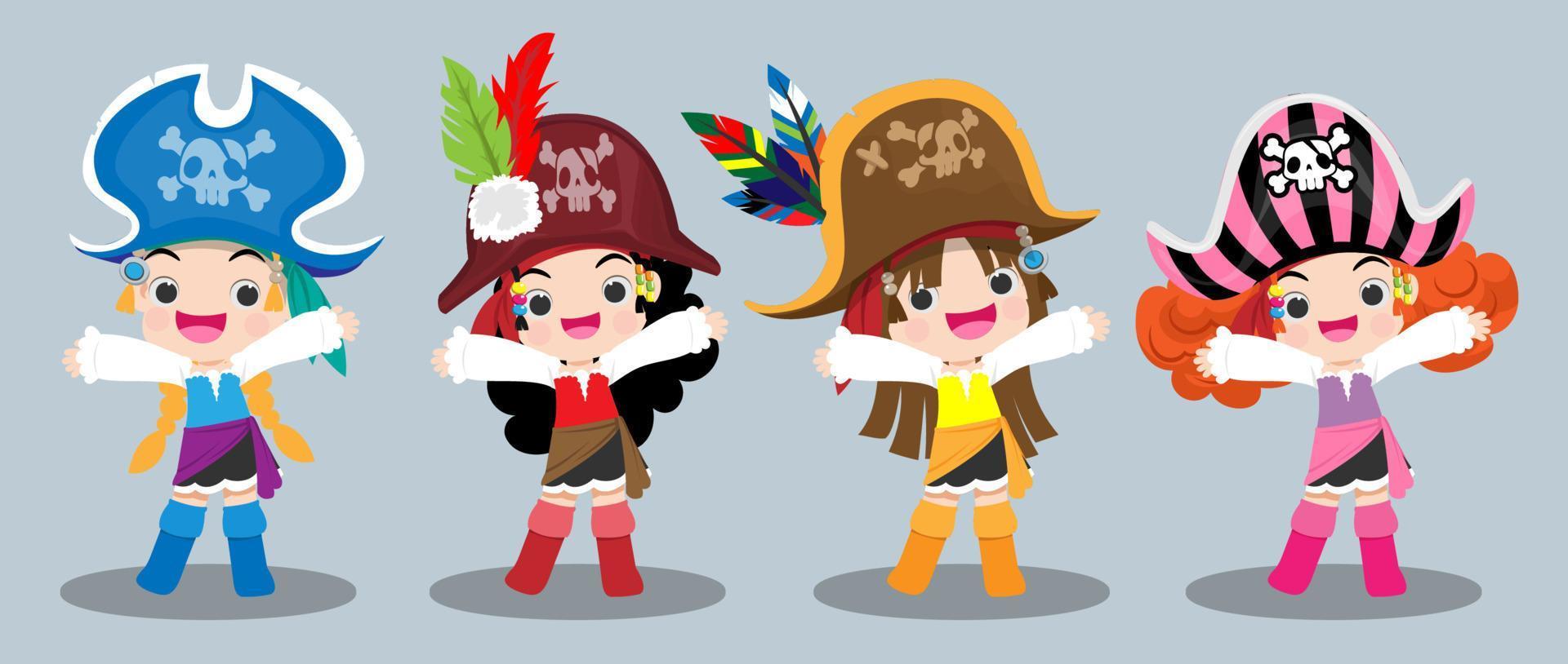 Cute pirate character wearing hat and standing with weapon. Marine travel and adventure design vector