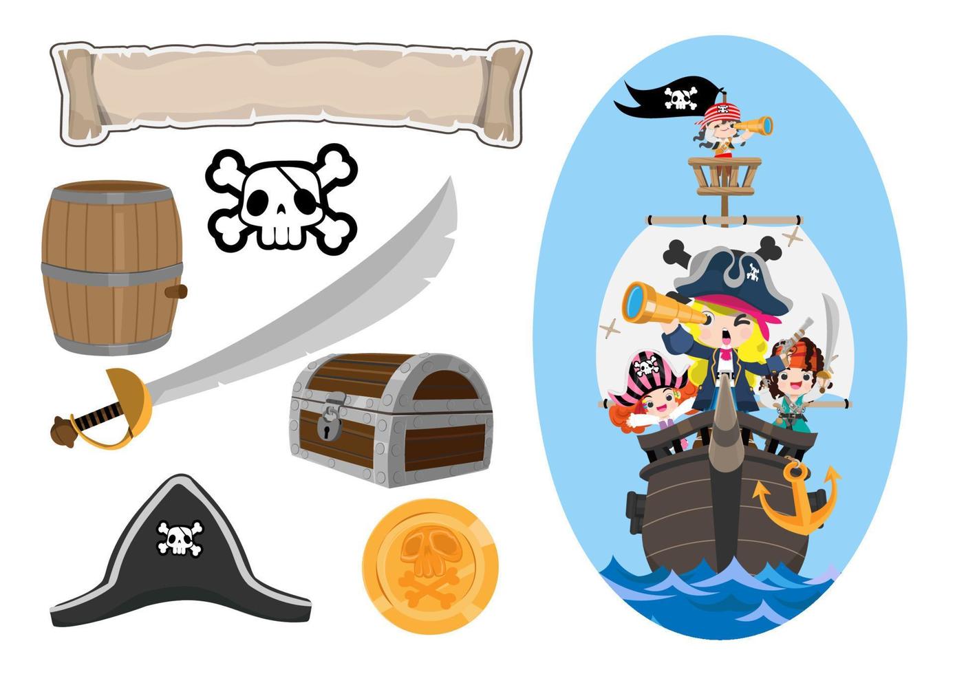 conjunto de objetos de juego vectorial de dibujos animados piratas. colección de elementos de aventura marina vector
