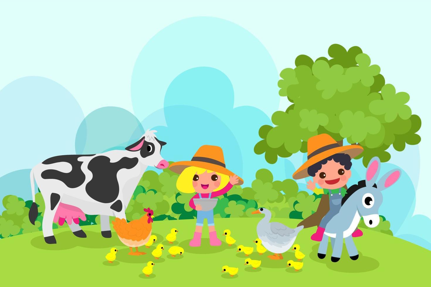 lindos animales en rancho, granja y agricultura. ilustraciones de la vida del pueblo y el diseño de objetos para banner, diseño, informe anual, web, volante, folleto, anuncio. vector