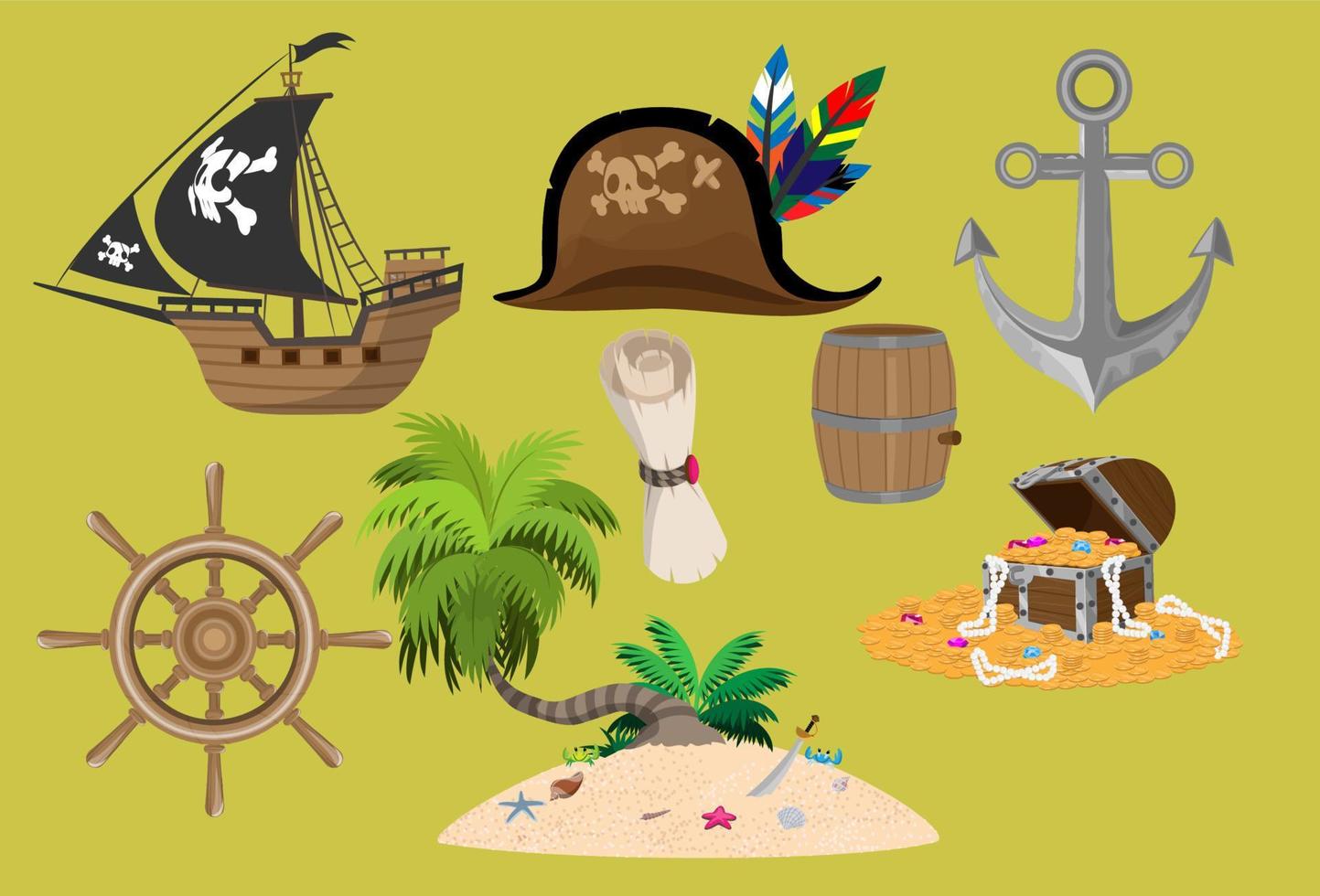 conjunto de objetos de arma de juego vectorial de dibujos animados piratas. colección de elementos de aventura marina vector