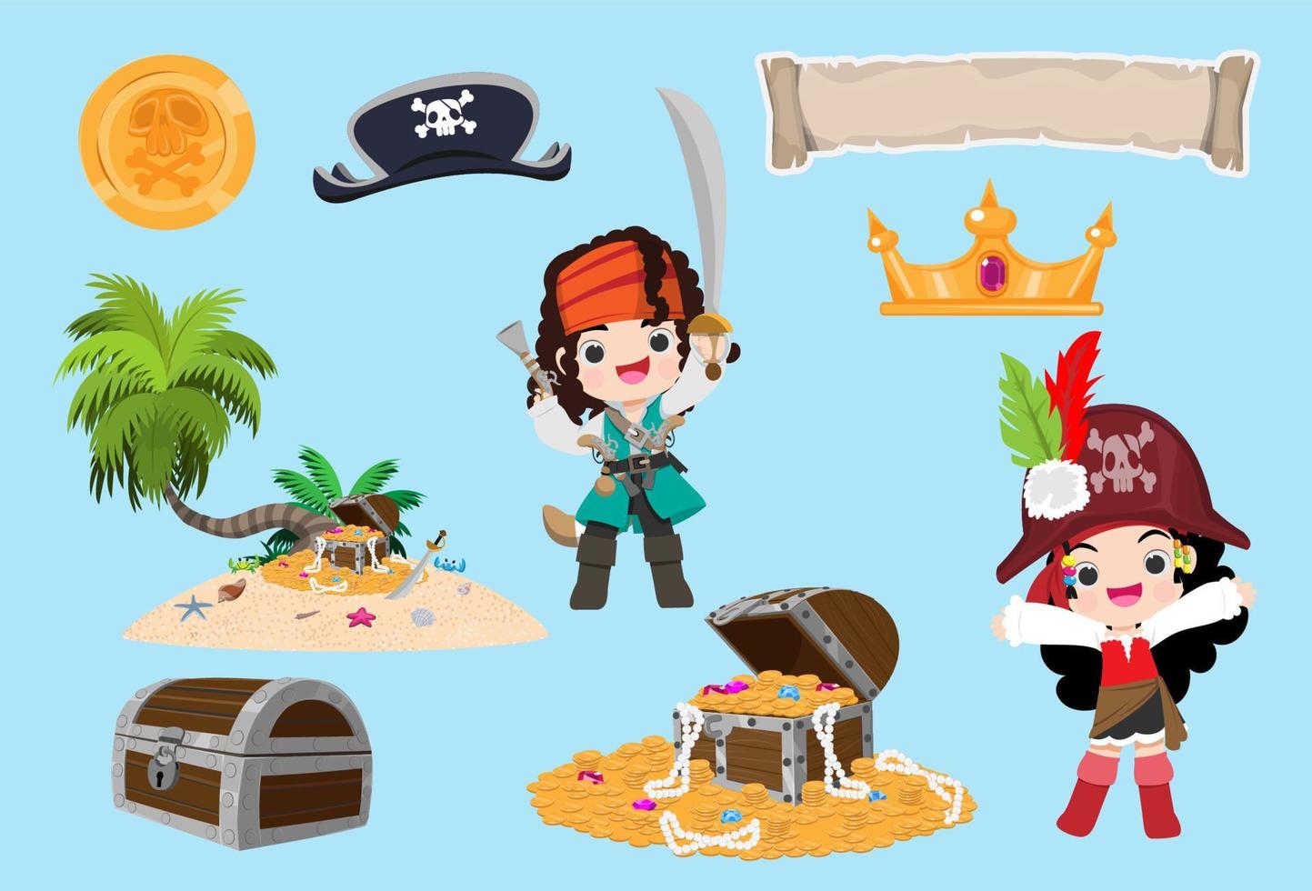 The pirate treasure island element has a treasure chest filled with gold coins, gems and pearls. vector