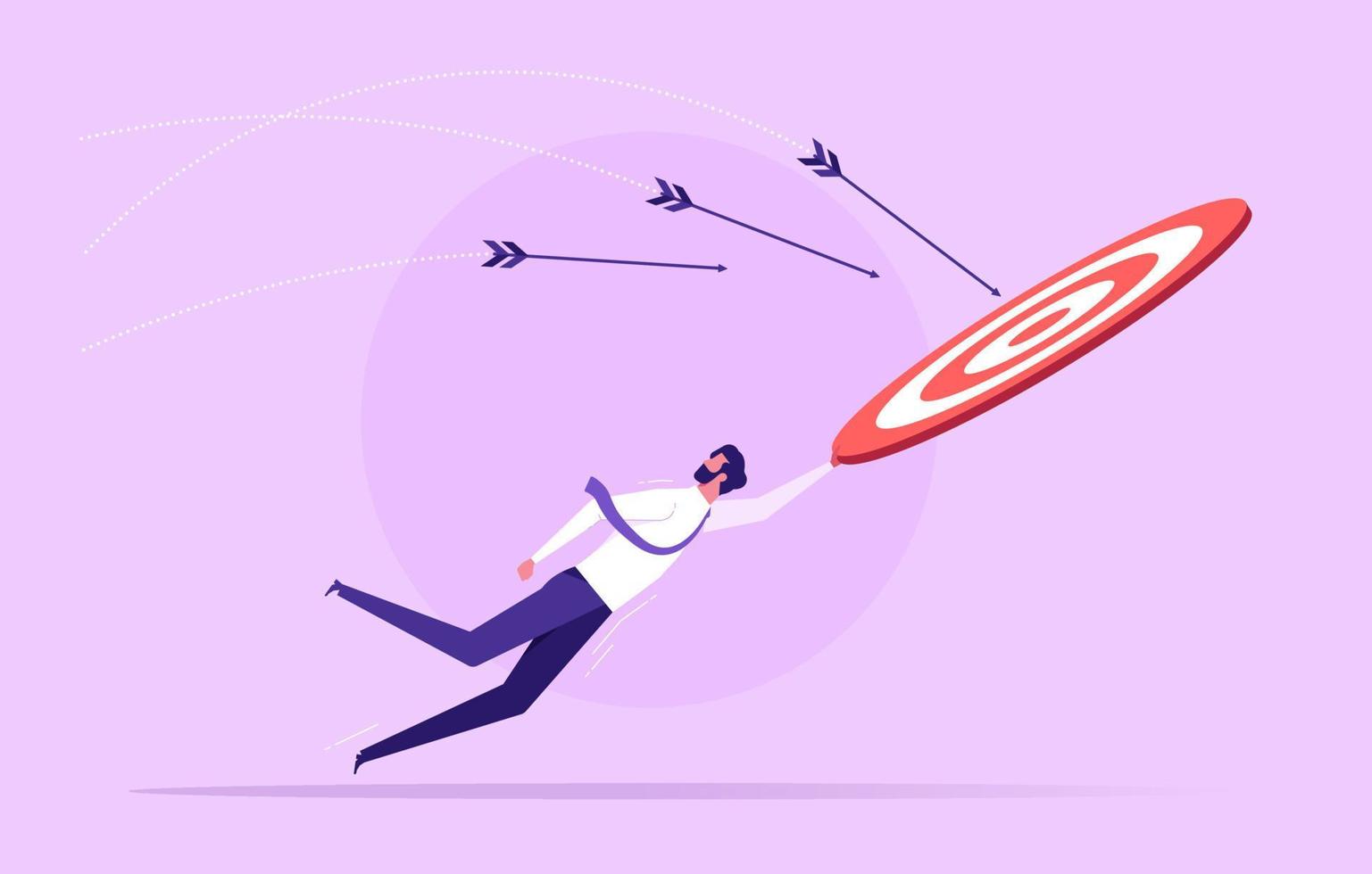 Businessman holding big target and try to achieve a target goals, control to reach goal, competition or challenge to success, aiming or motivation concept vector