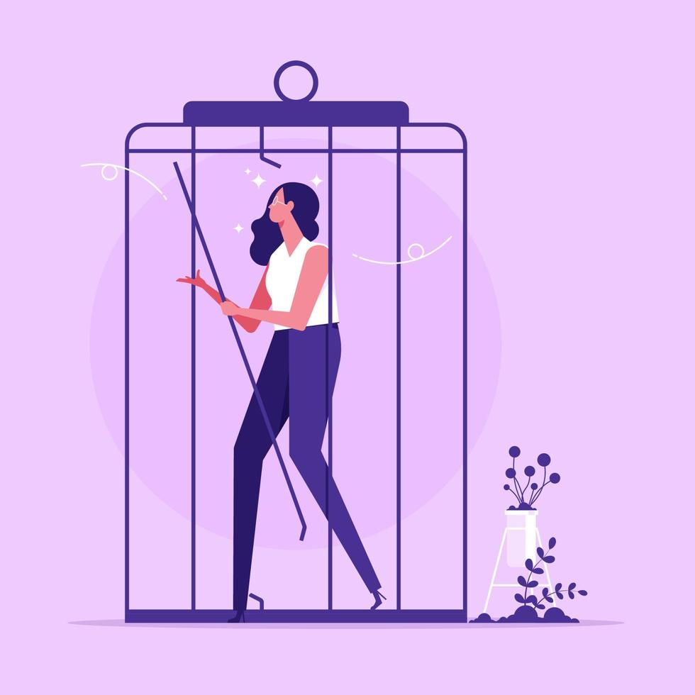 Freedom and new life opportunities concept, woman running out of cage feeling confident and full of energy and ideas vector illustration