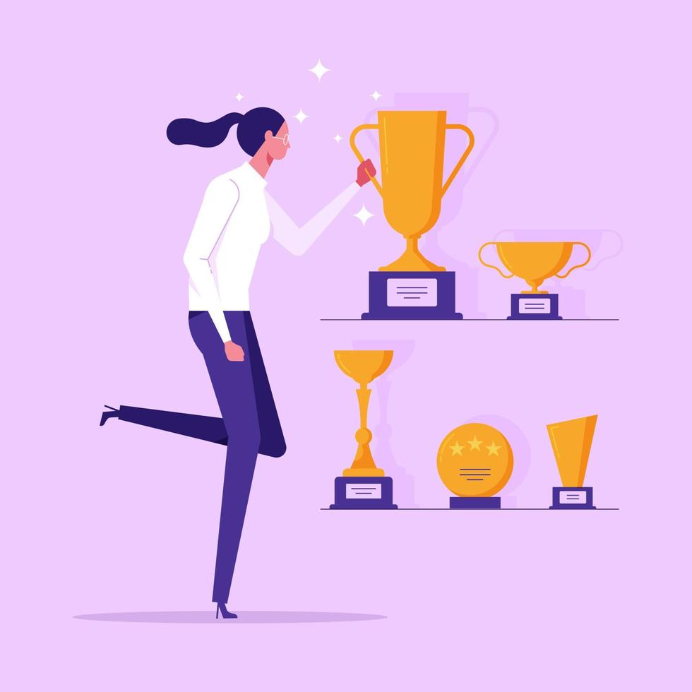 Succeed business. Winning in competition. Getting reward or prize for achievement. Goal, inspiration, hard work and result. Woman with golden trophy cup vector