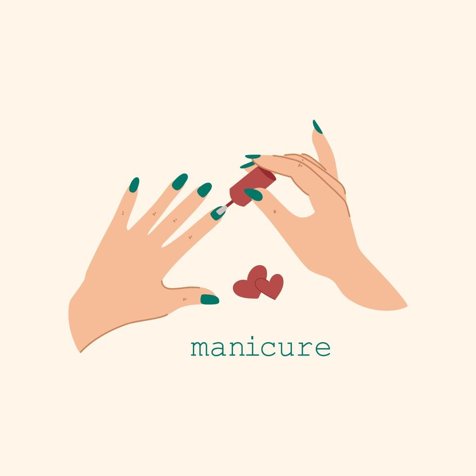 Female hands and manicure accessories. Hand drawn vector illustration of paint nails