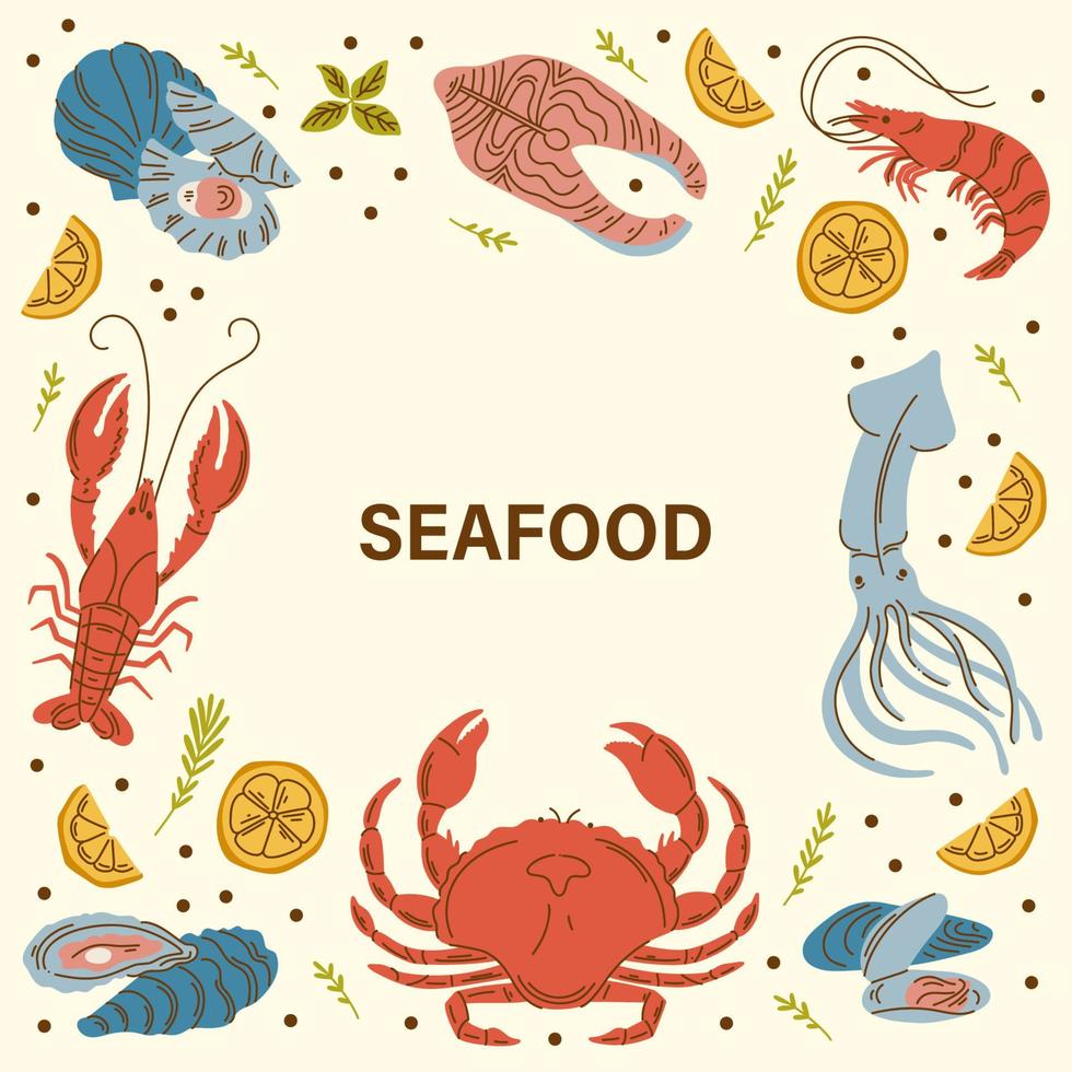 pancarta de mariscos dibujada a mano vectorial. langosta, salmón, cangrejo, camarón, pulpo, calamar, almejas. composición de borde cuadrado. deliciosos objetos de menú para restaurante, volante de tienda de mercado de promoción vector