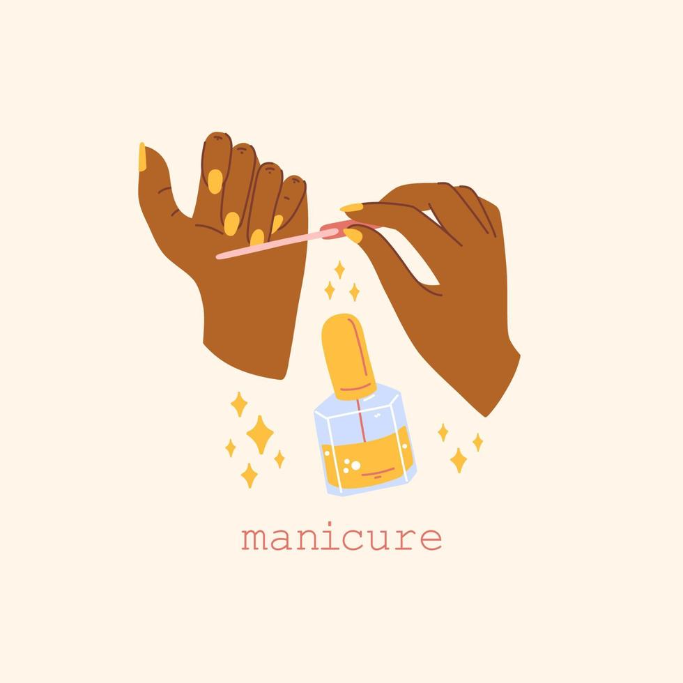 Female hands and manicure accessories. Hand drawn vector illustration of polishing nails