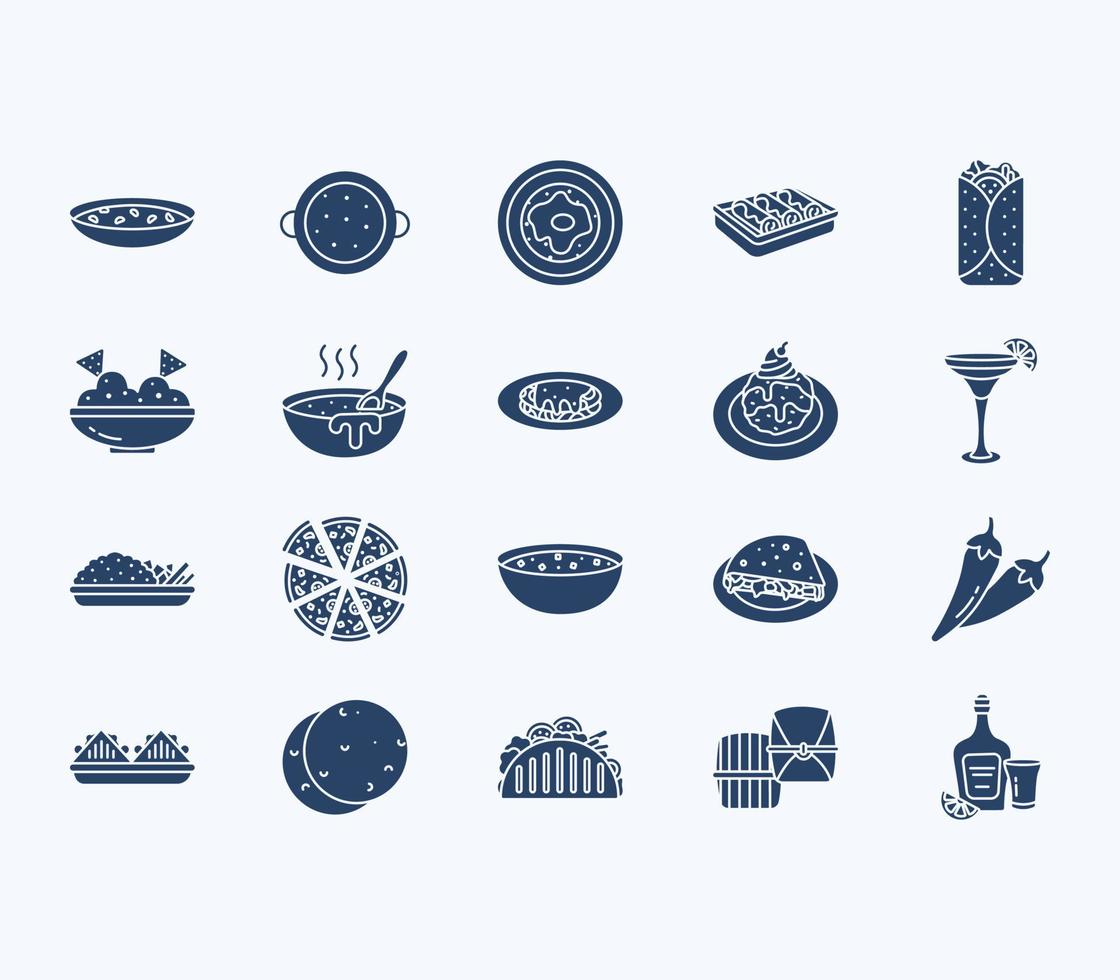 Mexican food recipes and dishes icon set vector