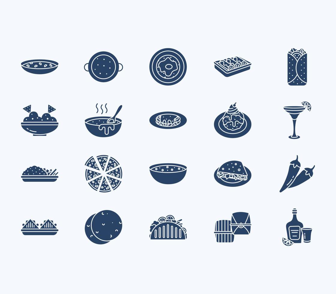 conjunto de iconos de platos y recetas de comida mexicana vector