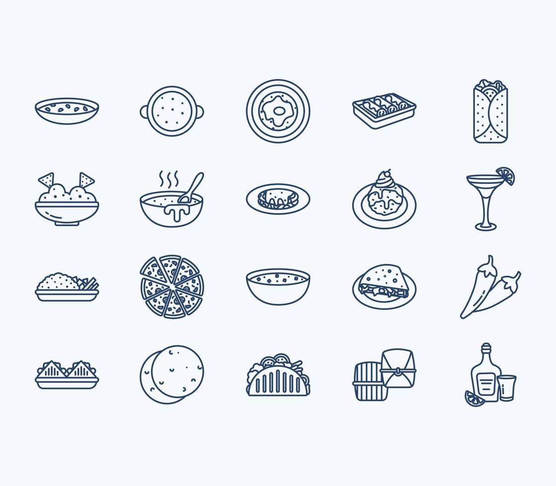 Mexican food recipes and dishes icon set vector