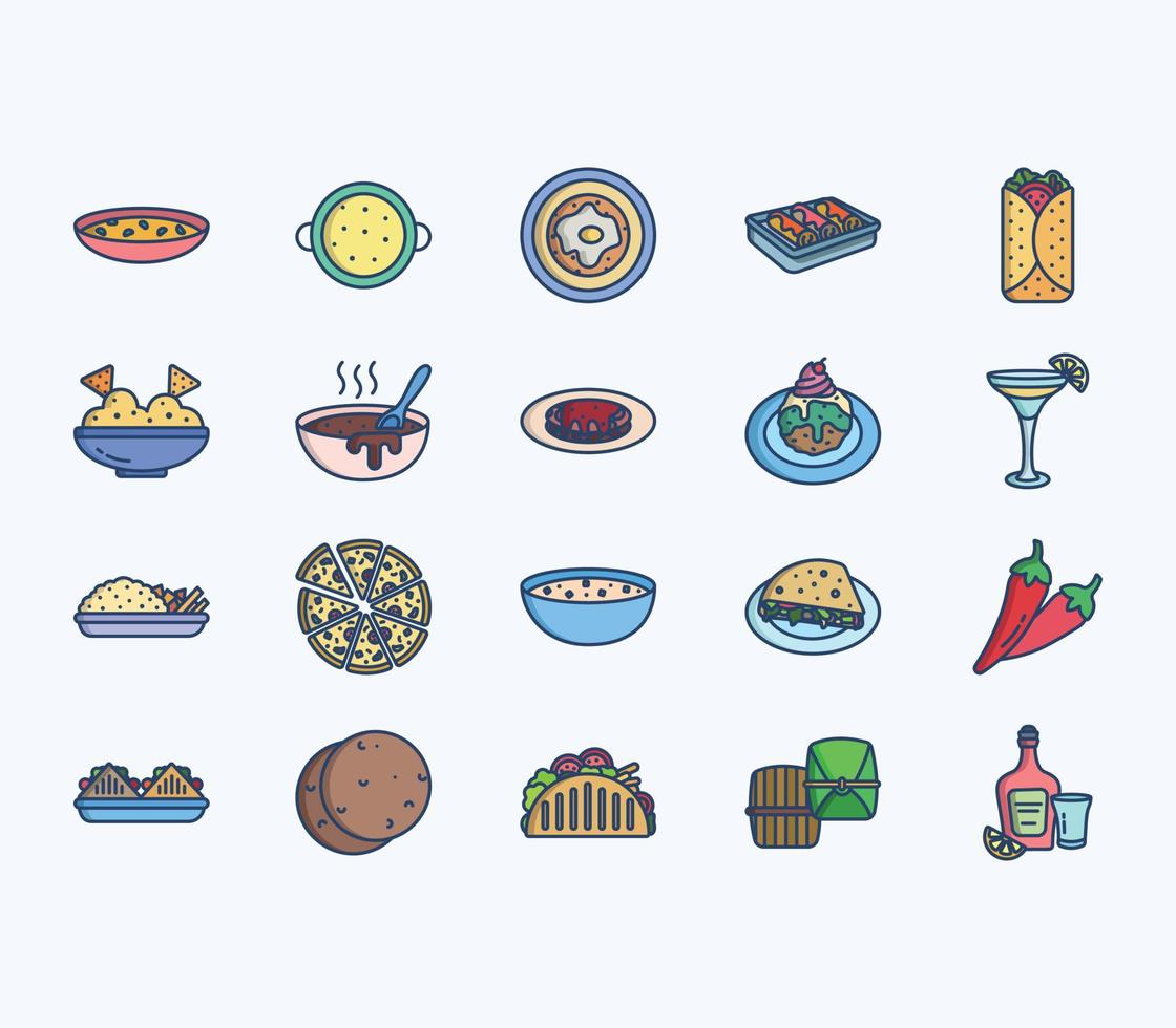 conjunto de iconos de platos y recetas de comida mexicana vector