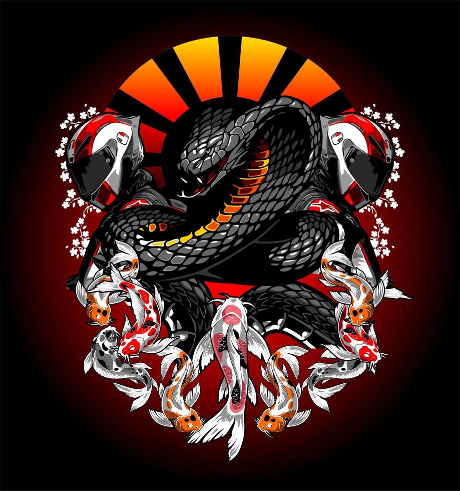 serpiente cobra negra y koi vector