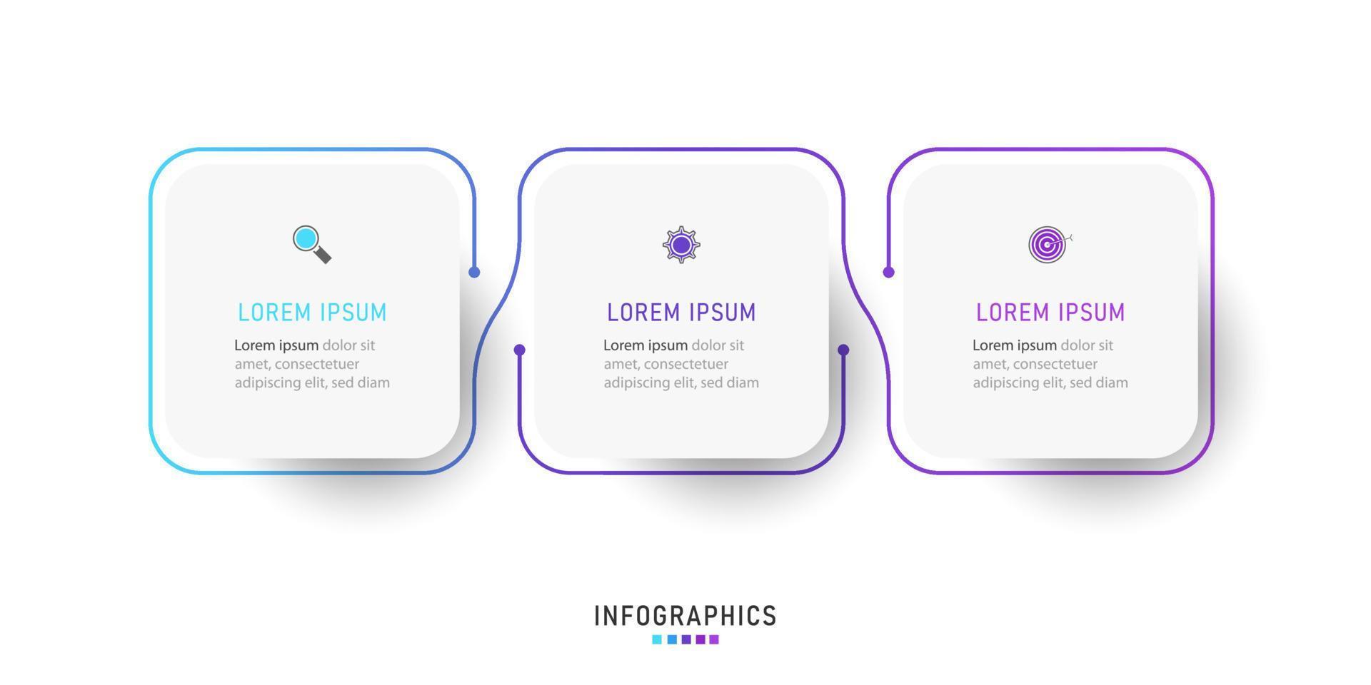 plantilla de diseño de etiquetas infográficas vectoriales con iconos y 3 opciones o pasos. se puede utilizar para diagramas de proceso, presentaciones, diseño de flujo de trabajo, banner, diagrama de flujo, gráfico de información. vector